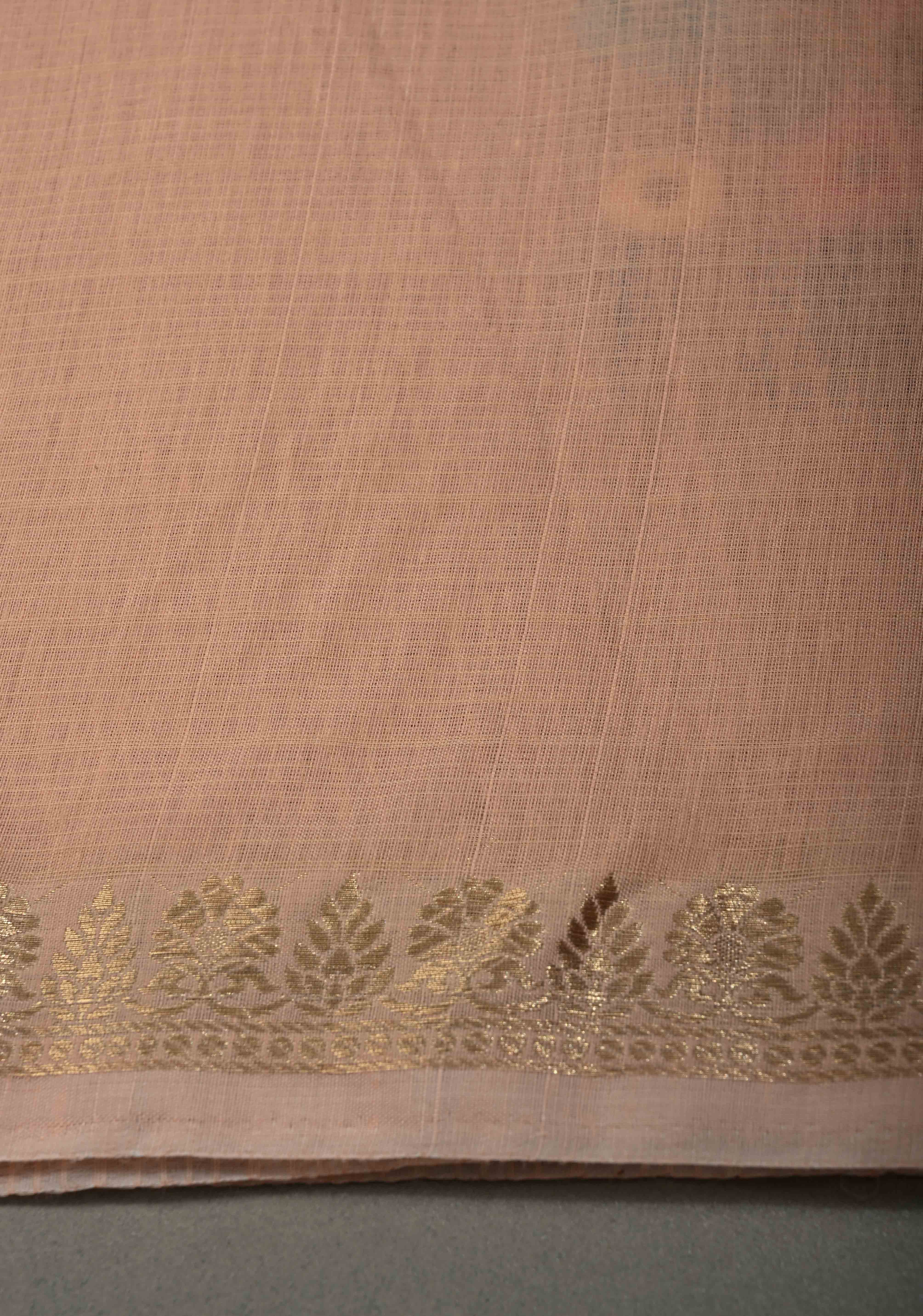 Soft Peach Blush Kota Doria Cotton Saree with Meenakari Floral Machine Embroidery and Minimal Zari Border | Shobitam