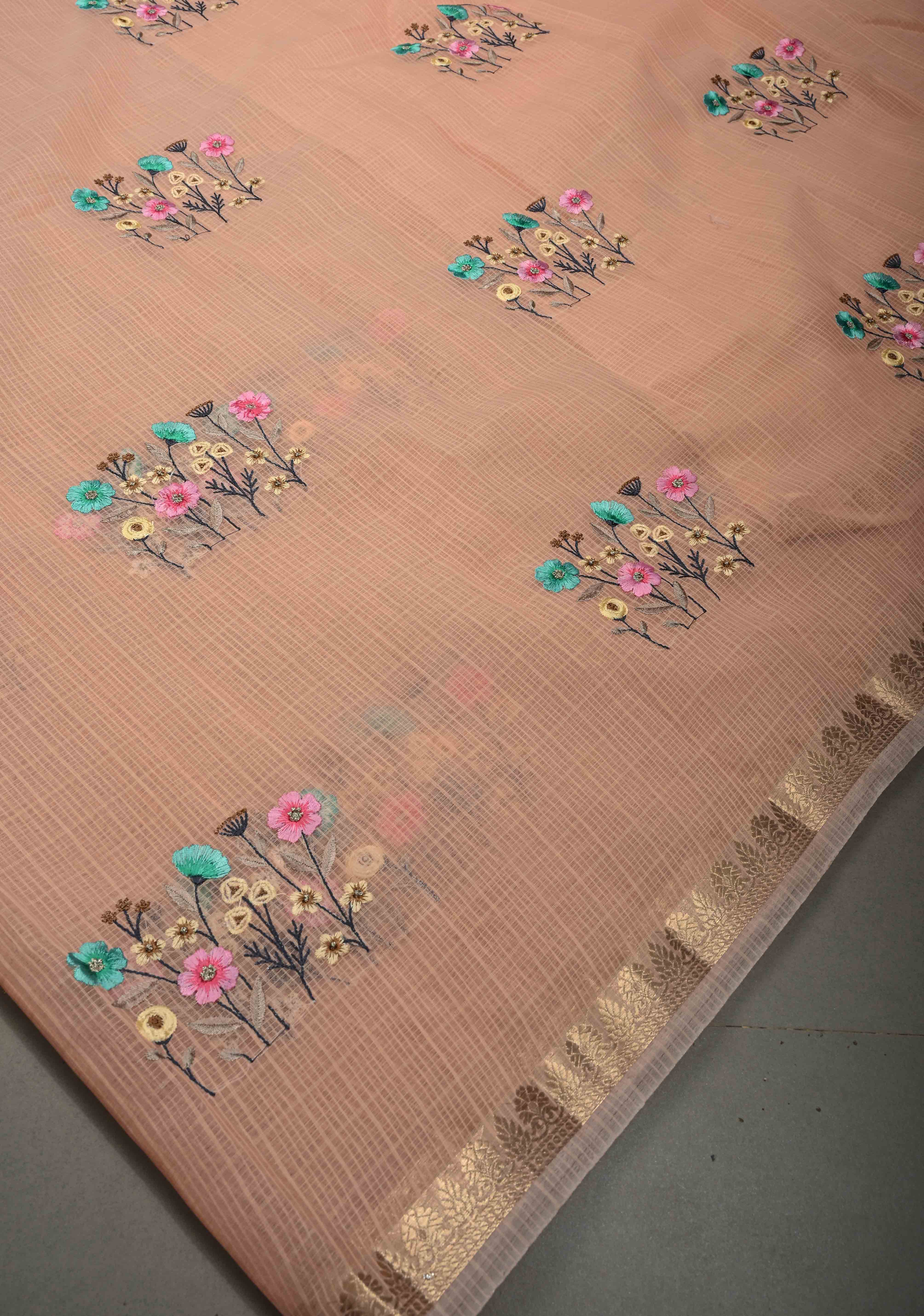 Soft Peach Blush Kota Doria Cotton Saree with Meenakari Floral Machine Embroidery and Minimal Zari Border | Shobitam