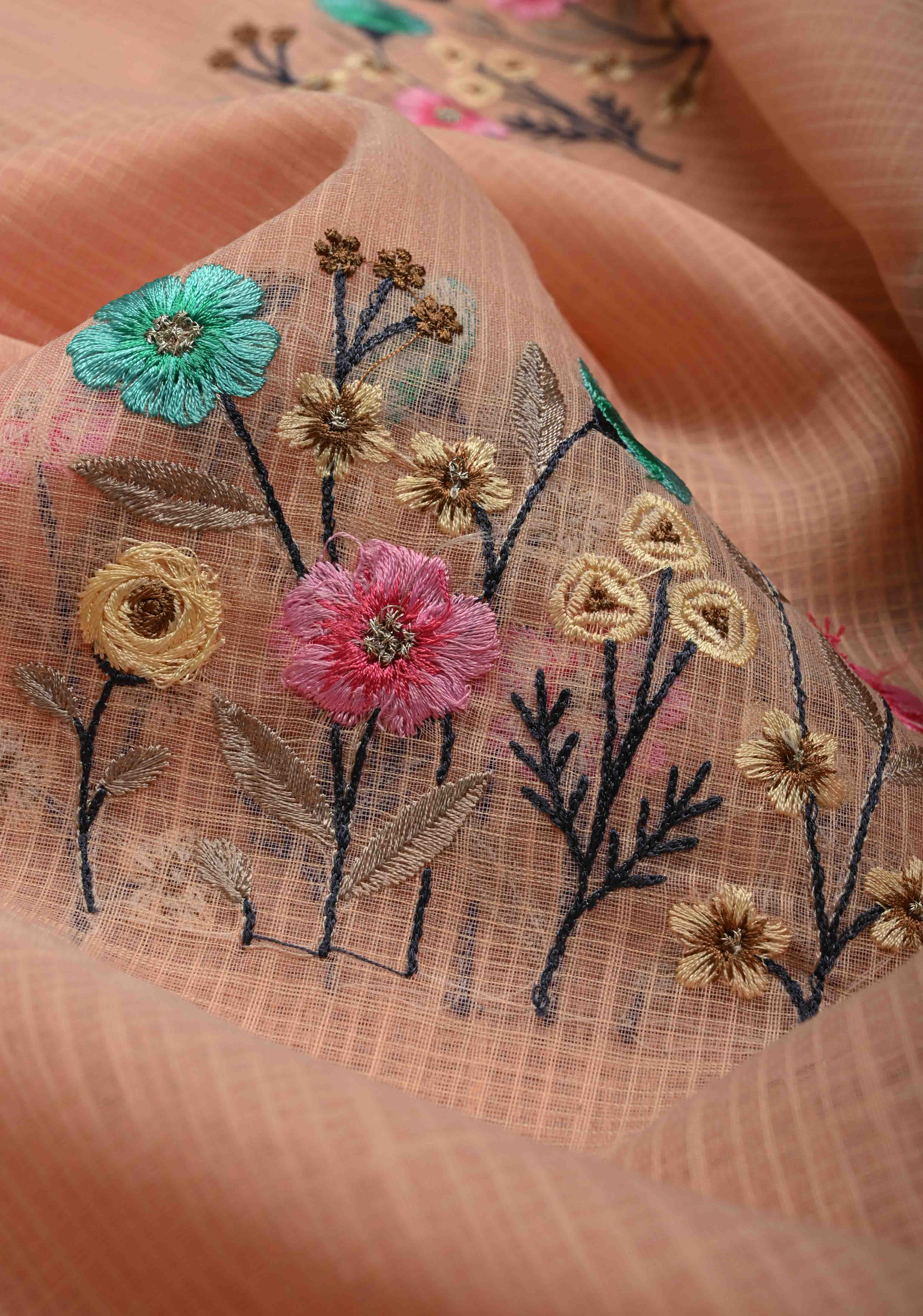 Soft Peach Blush Kota Doria Cotton Saree with Meenakari Floral Machine Embroidery and Minimal Zari Border | Shobitam