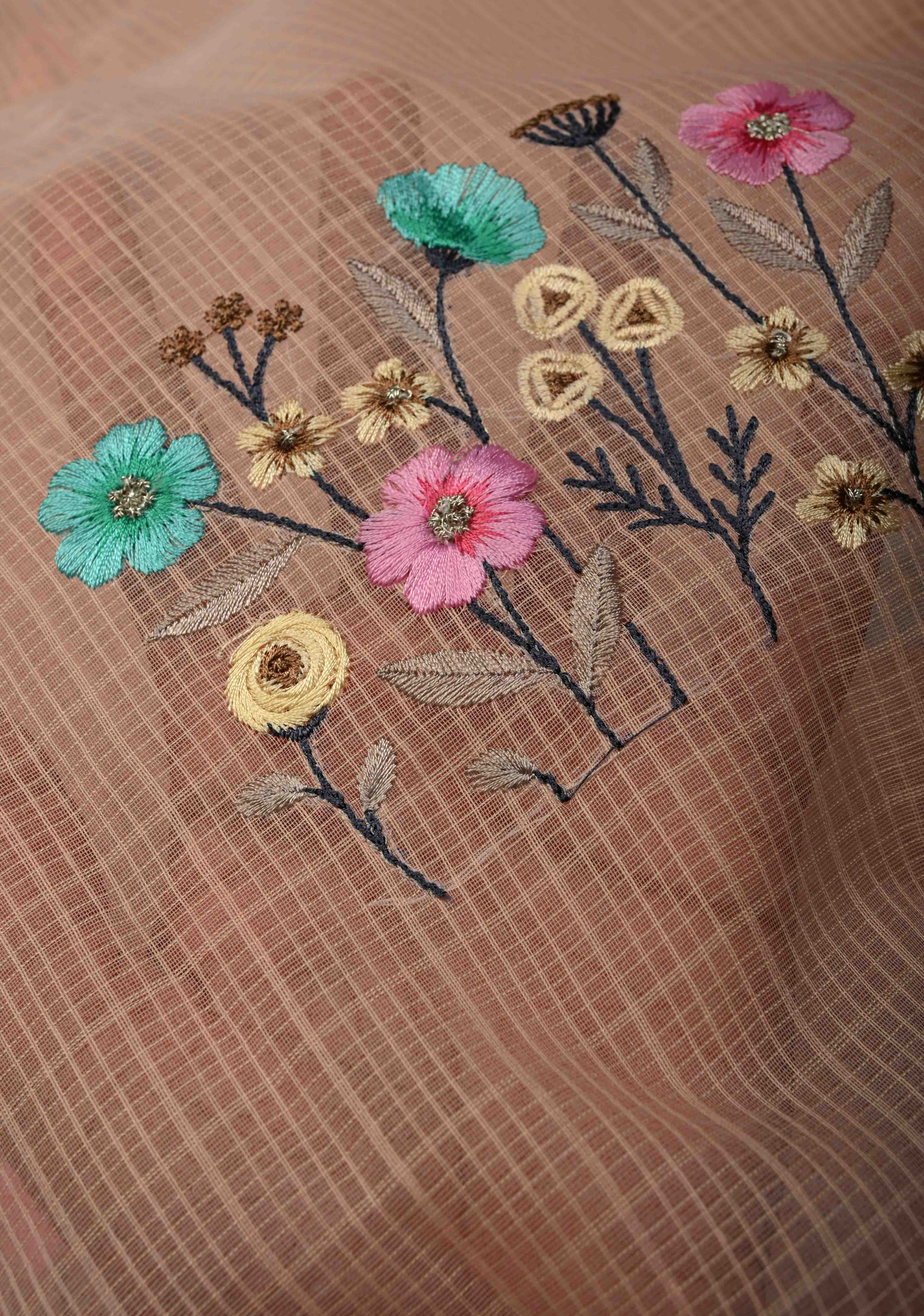 Soft Peach Blush Kota Doria Cotton Saree with Meenakari Floral Machine Embroidery and Minimal Zari Border | Shobitam
