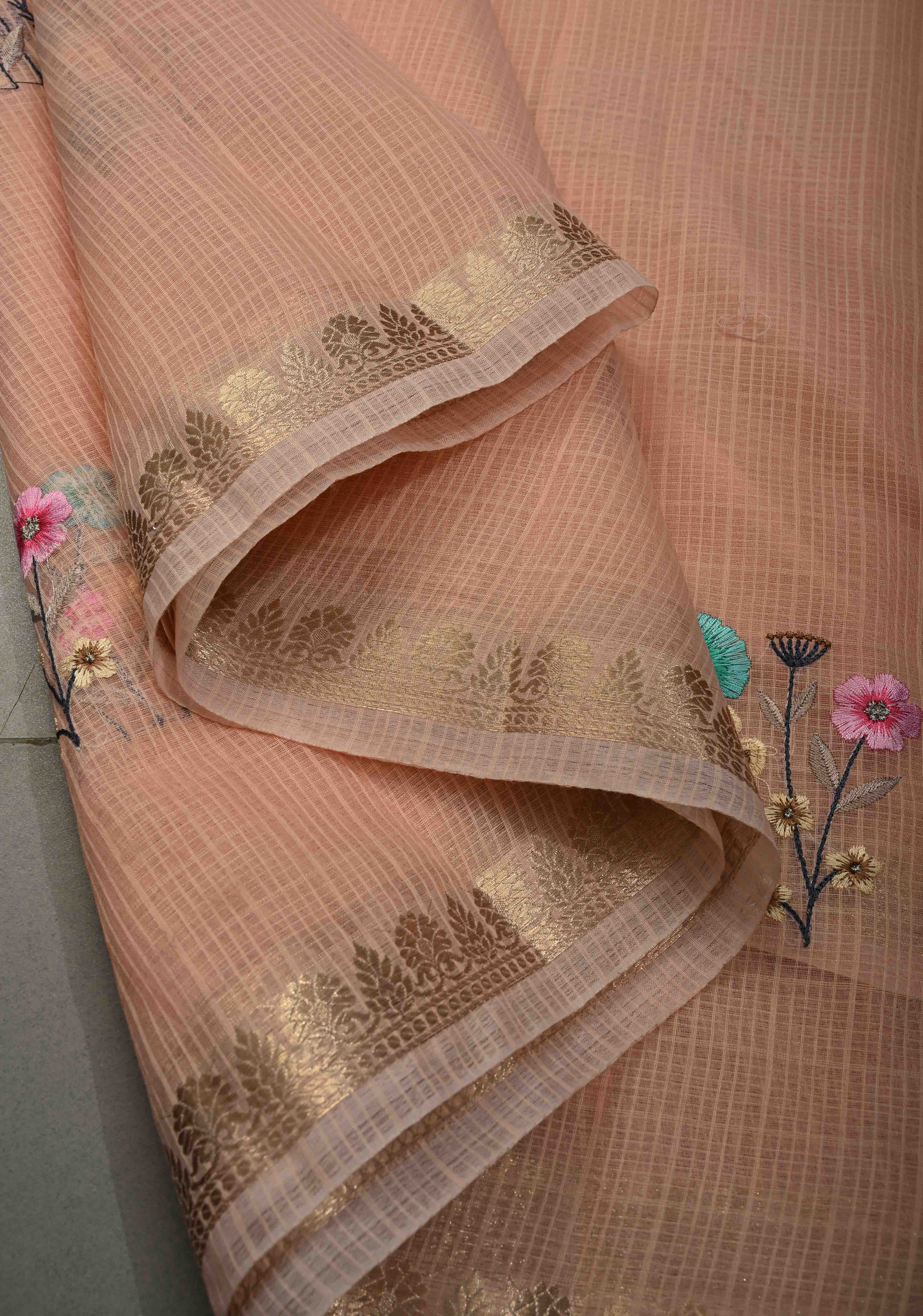 Soft Peach Blush Kota Doria Cotton Saree with Meenakari Floral Machine Embroidery and Minimal Zari Border | Shobitam