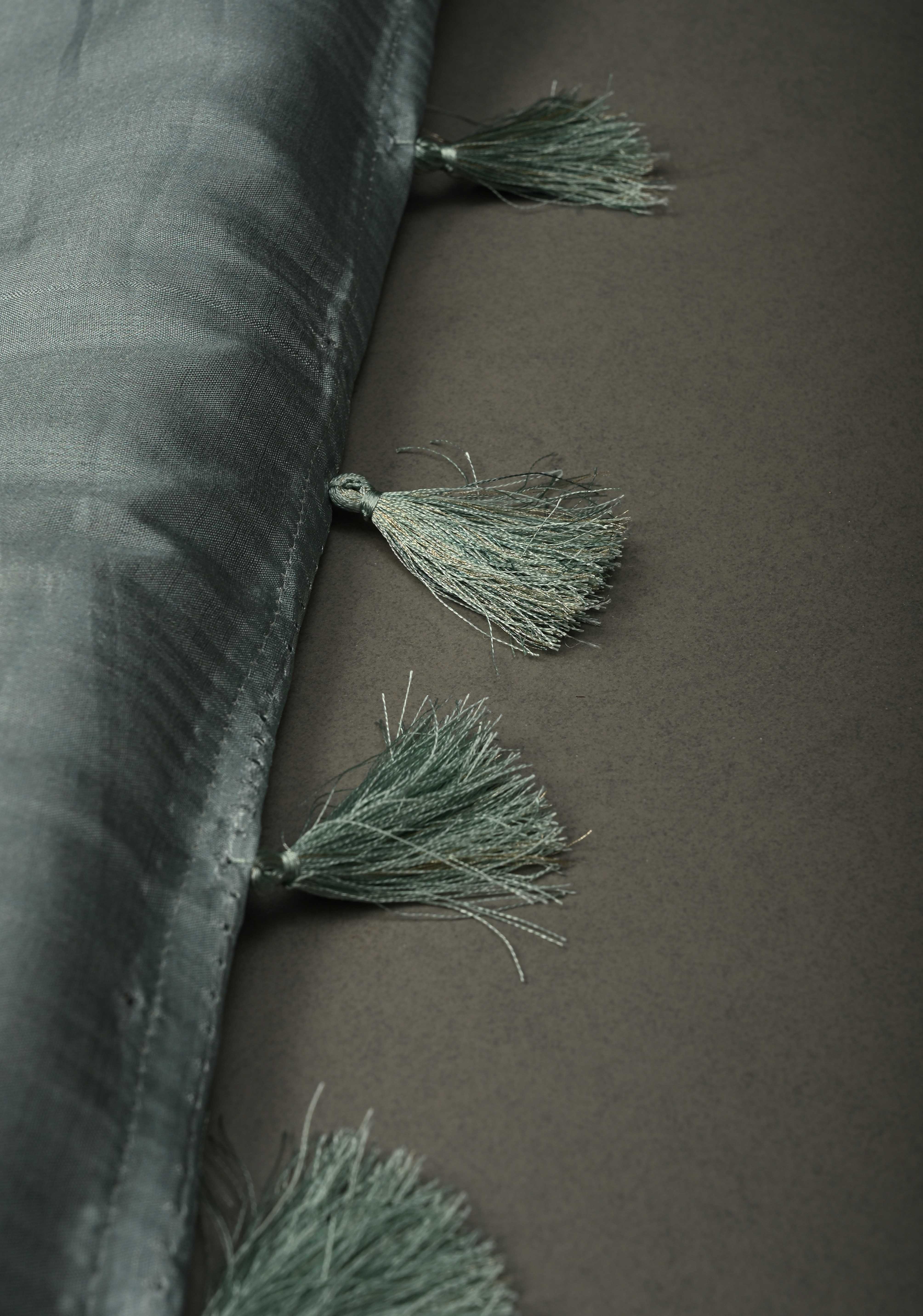 Pastel Sage Green Floral Digital Print on Banarasi Semi Silk Saree with Muted Zari Chevron Design and Wide Zari Border | Shobitam