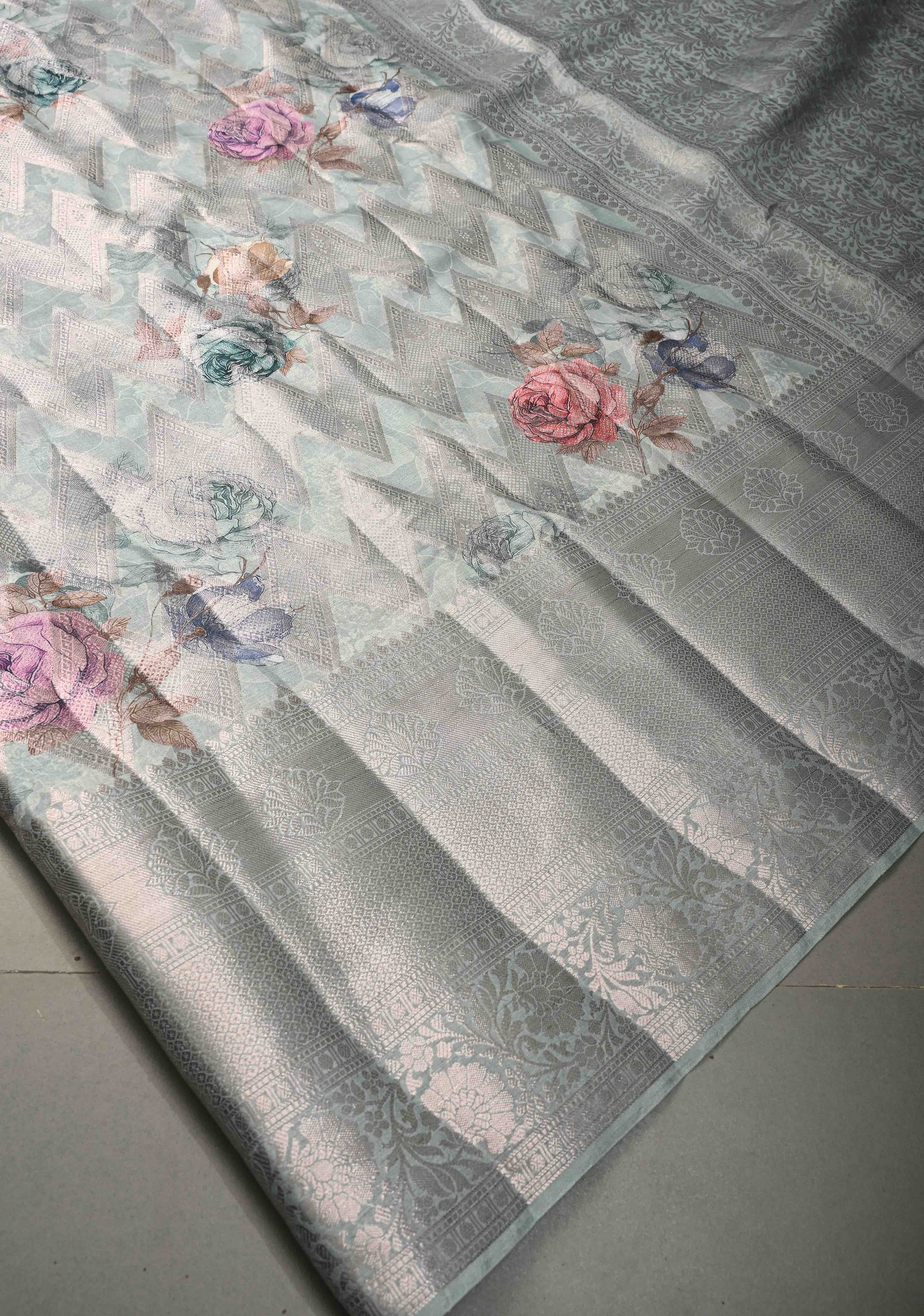 Pastel Sage Green Floral Digital Print on Banarasi Semi Silk Saree with Muted Zari Chevron Design and Wide Zari Border | Shobitam