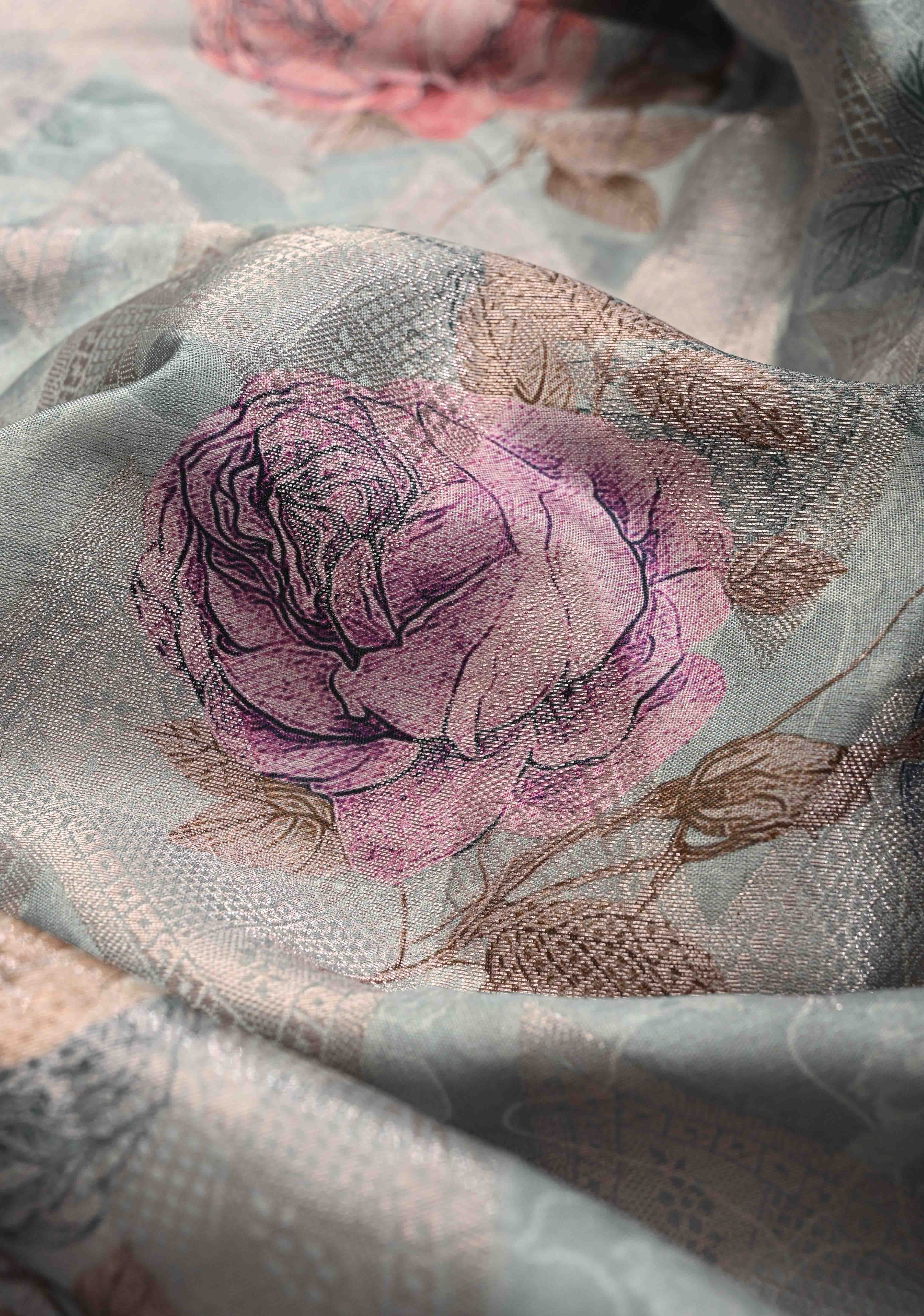 Pastel Sage Green Floral Digital Print on Banarasi Semi Silk Saree with Muted Zari Chevron Design and Wide Zari Border | Shobitam