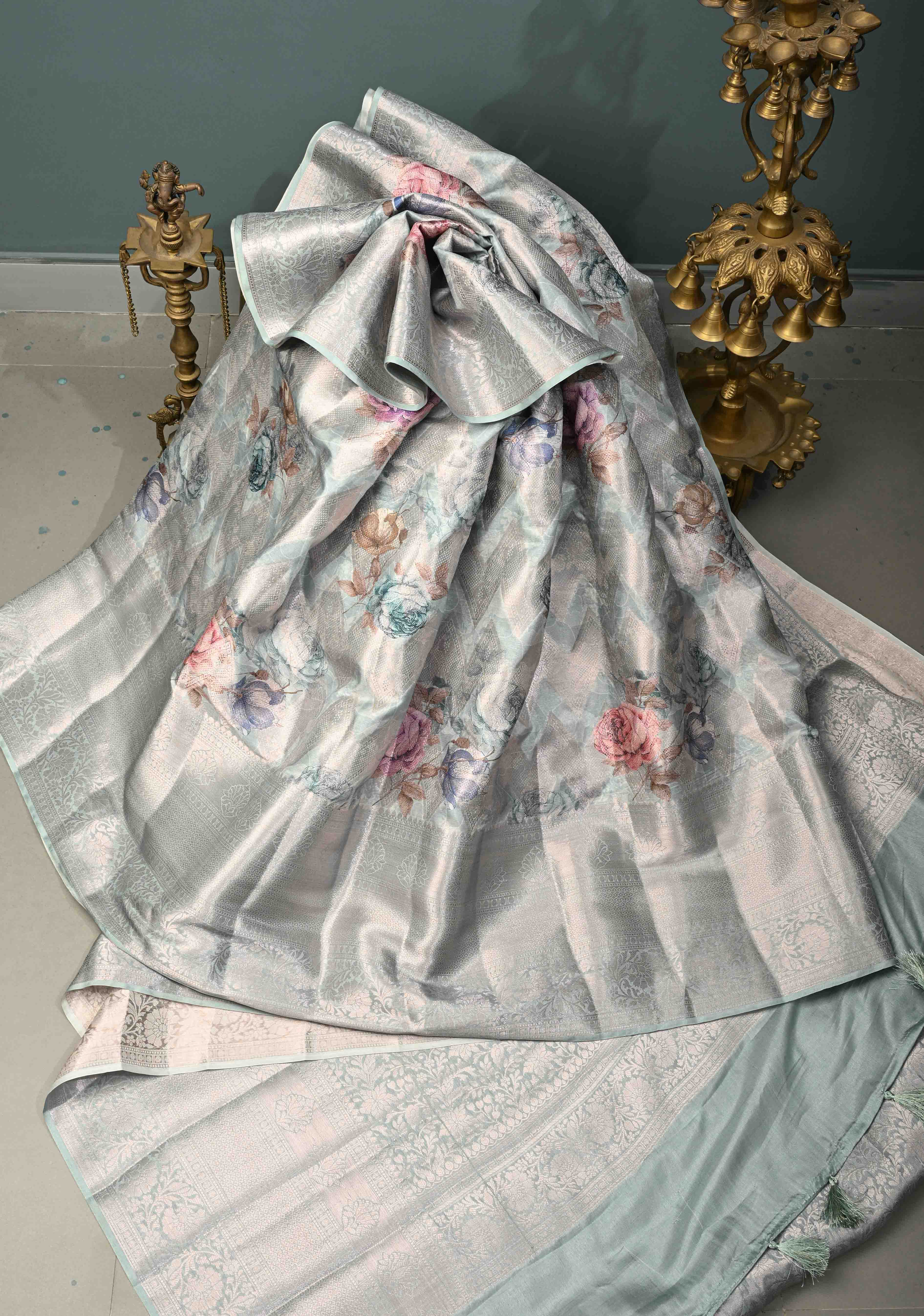 Pastel Sage Green Floral Digital Print on Banarasi Semi Silk Saree with Muted Zari Chevron Design and Wide Zari Border | Shobitam