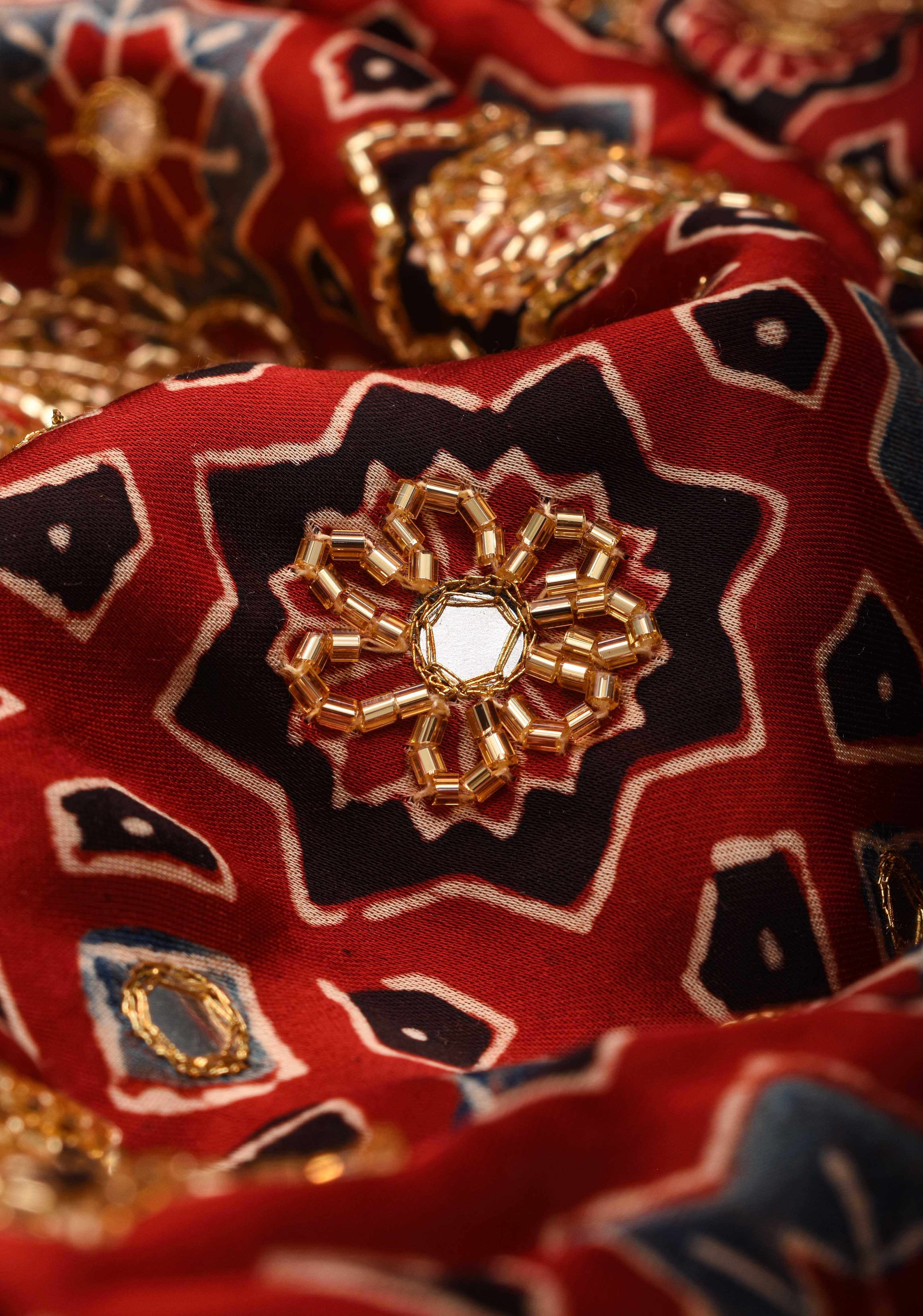 Full Handwork on Authentic Ajrakh Handblock Print on Modal Silk Saree in red | Shobitam