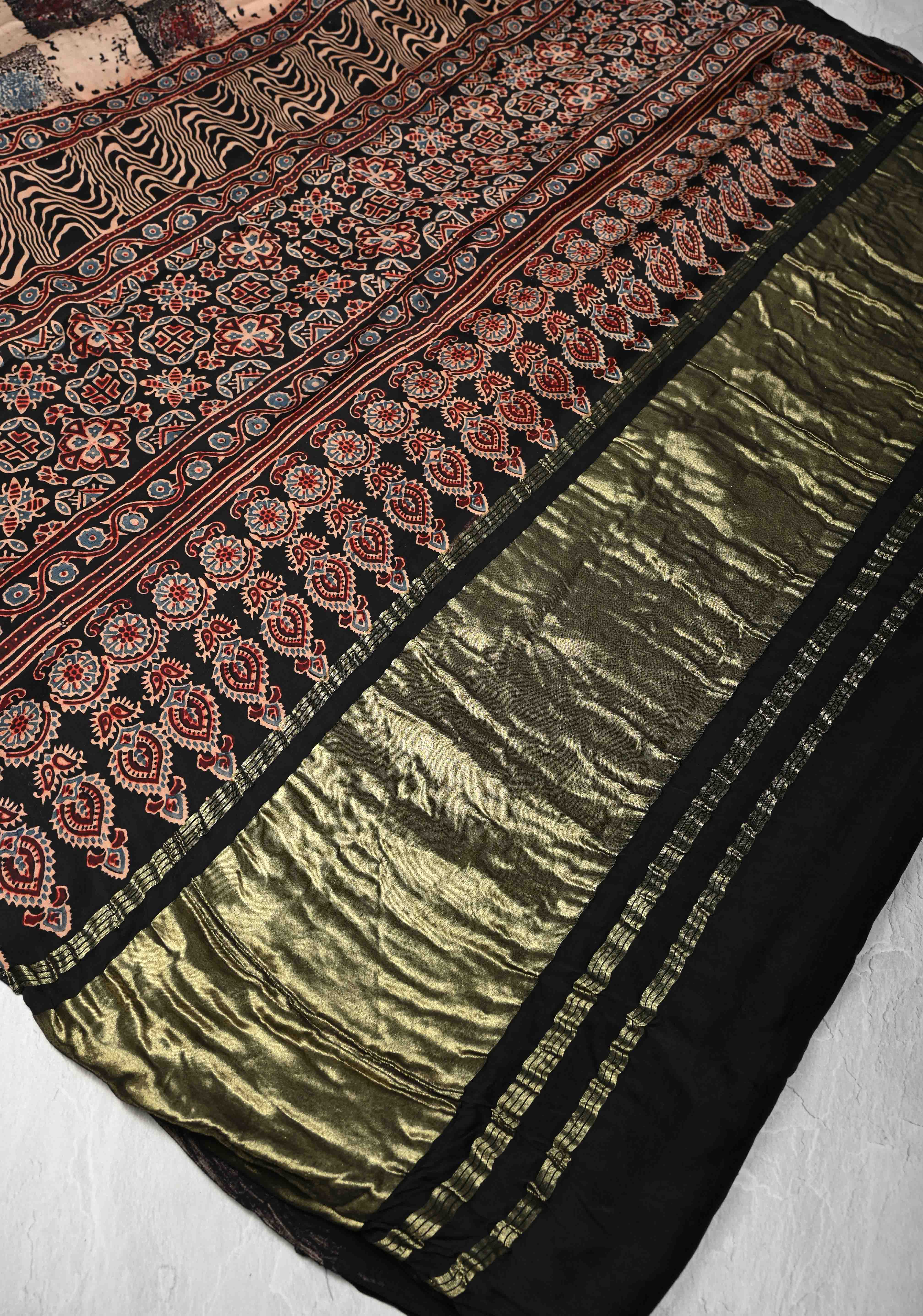 Black Modal Silk Saree with Ajrakh Hand Block Print and Crushed Pallu | Shobitam
