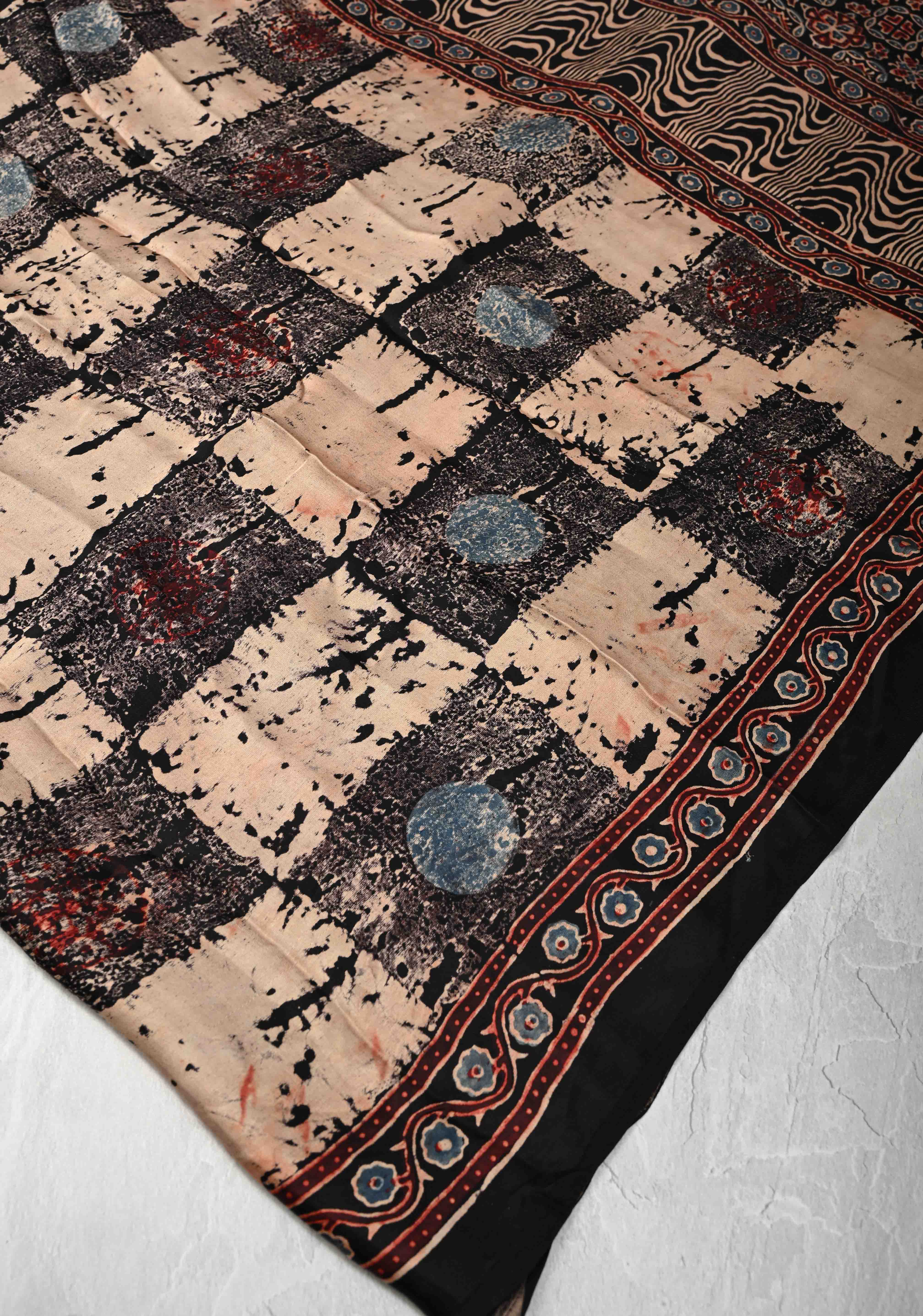 Black Modal Silk Saree with Ajrakh Hand Block Print and Crushed Pallu | Shobitam