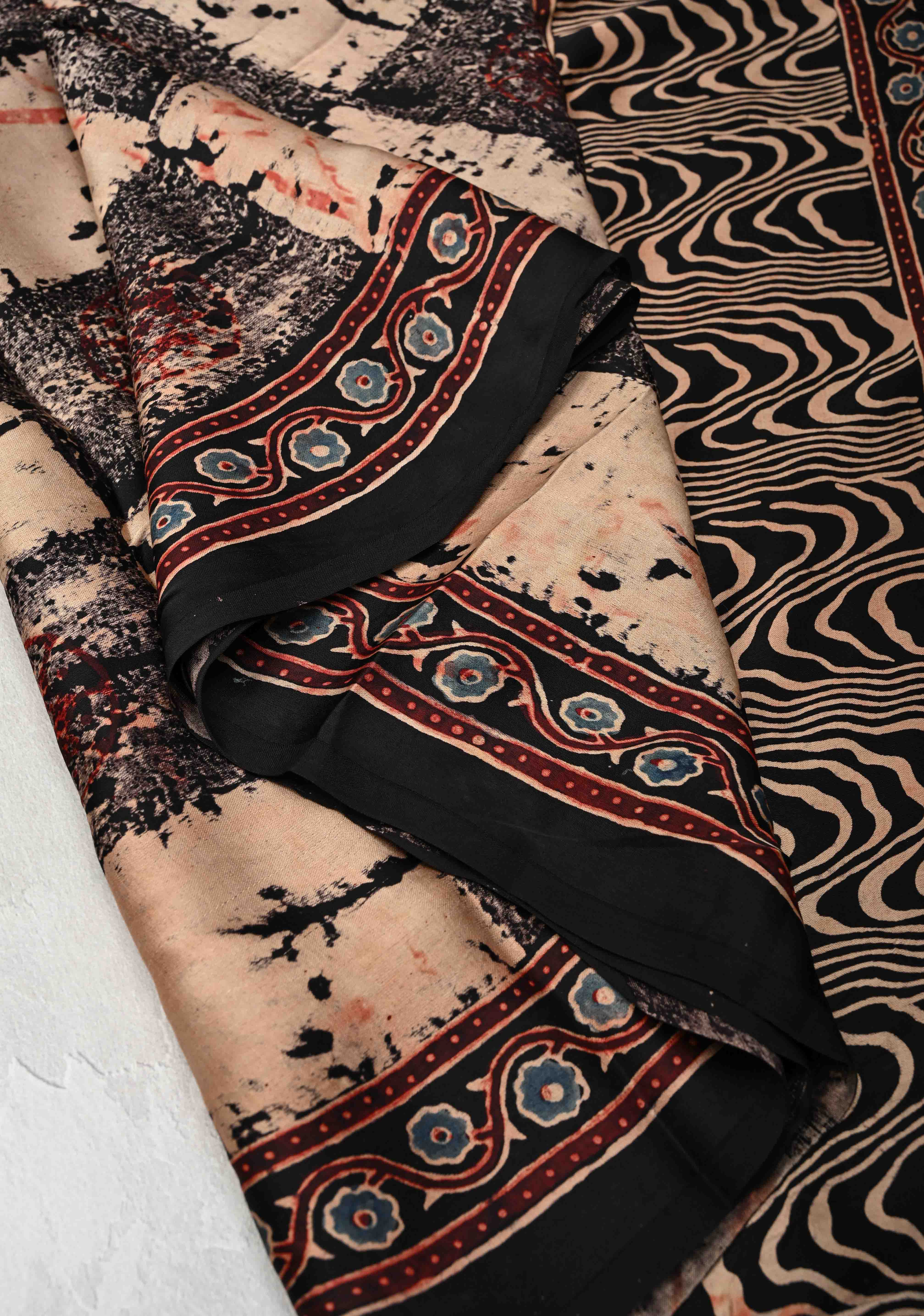 Black Modal Silk Saree with Ajrakh Hand Block Print and Crushed Pallu | Shobitam