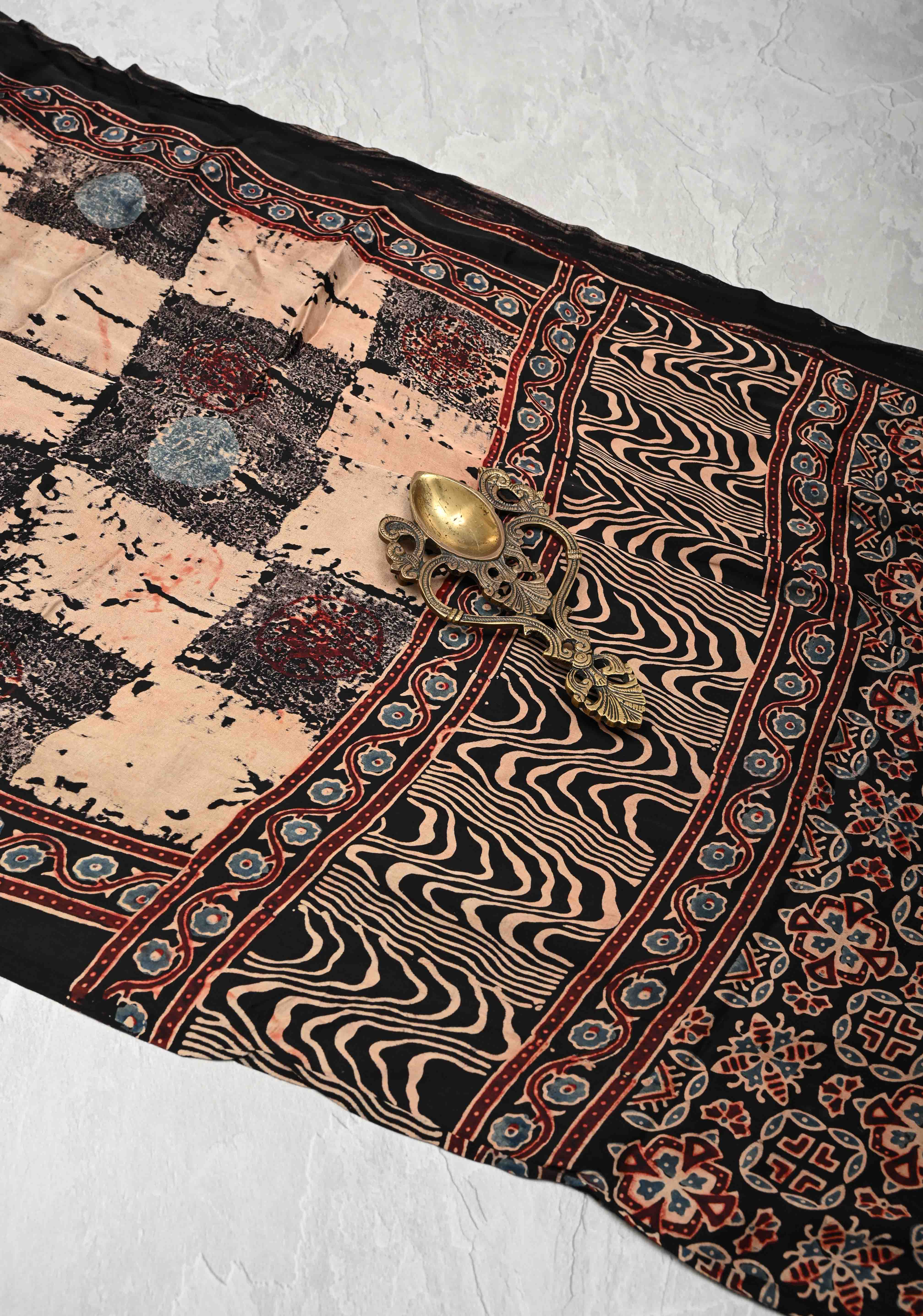 Black Modal Silk Saree with Ajrakh Hand Block Print and Crushed Pallu | Shobitam