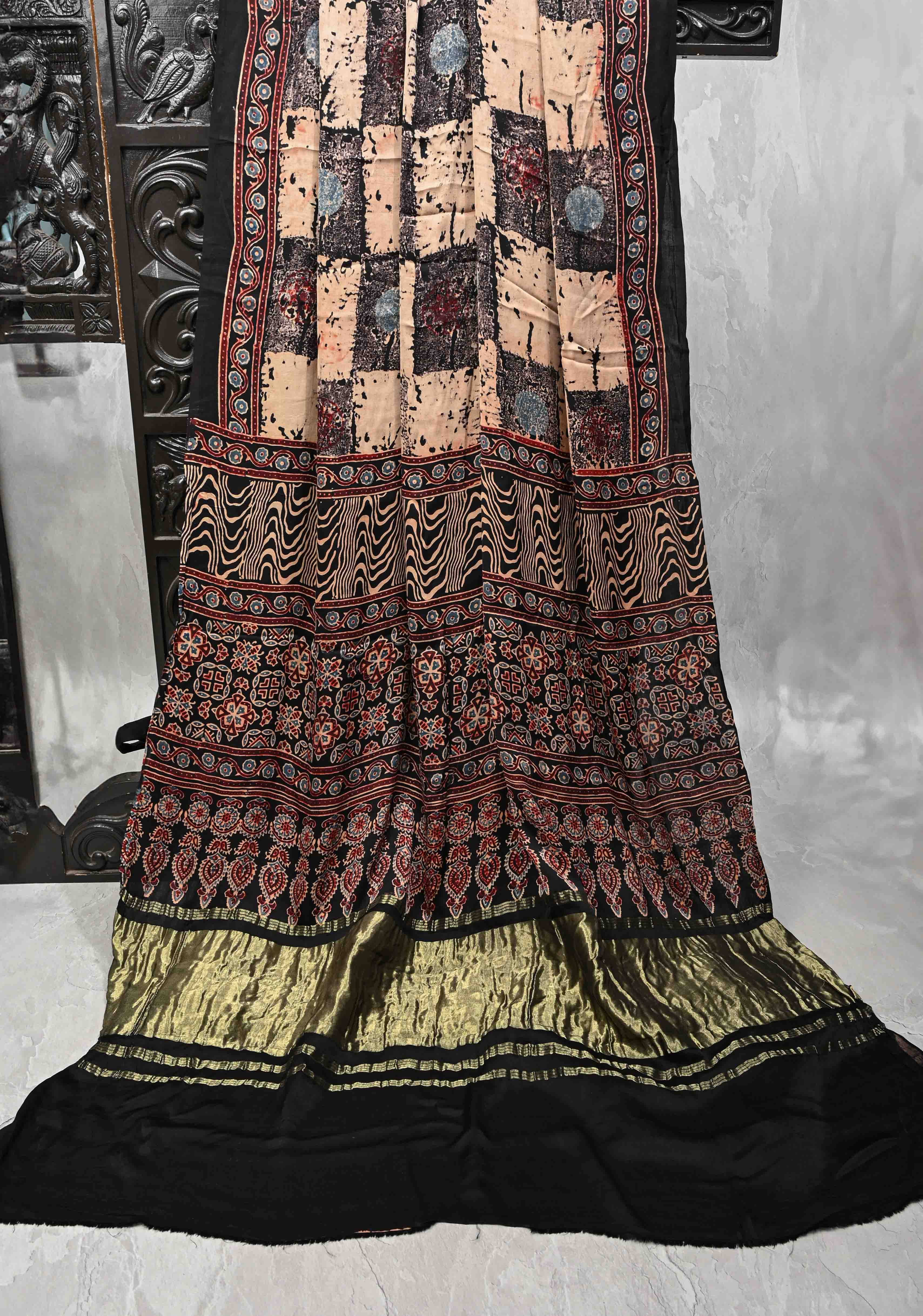 Black Modal Silk Saree with Ajrakh Hand Block Print and Crushed Pallu | Shobitam