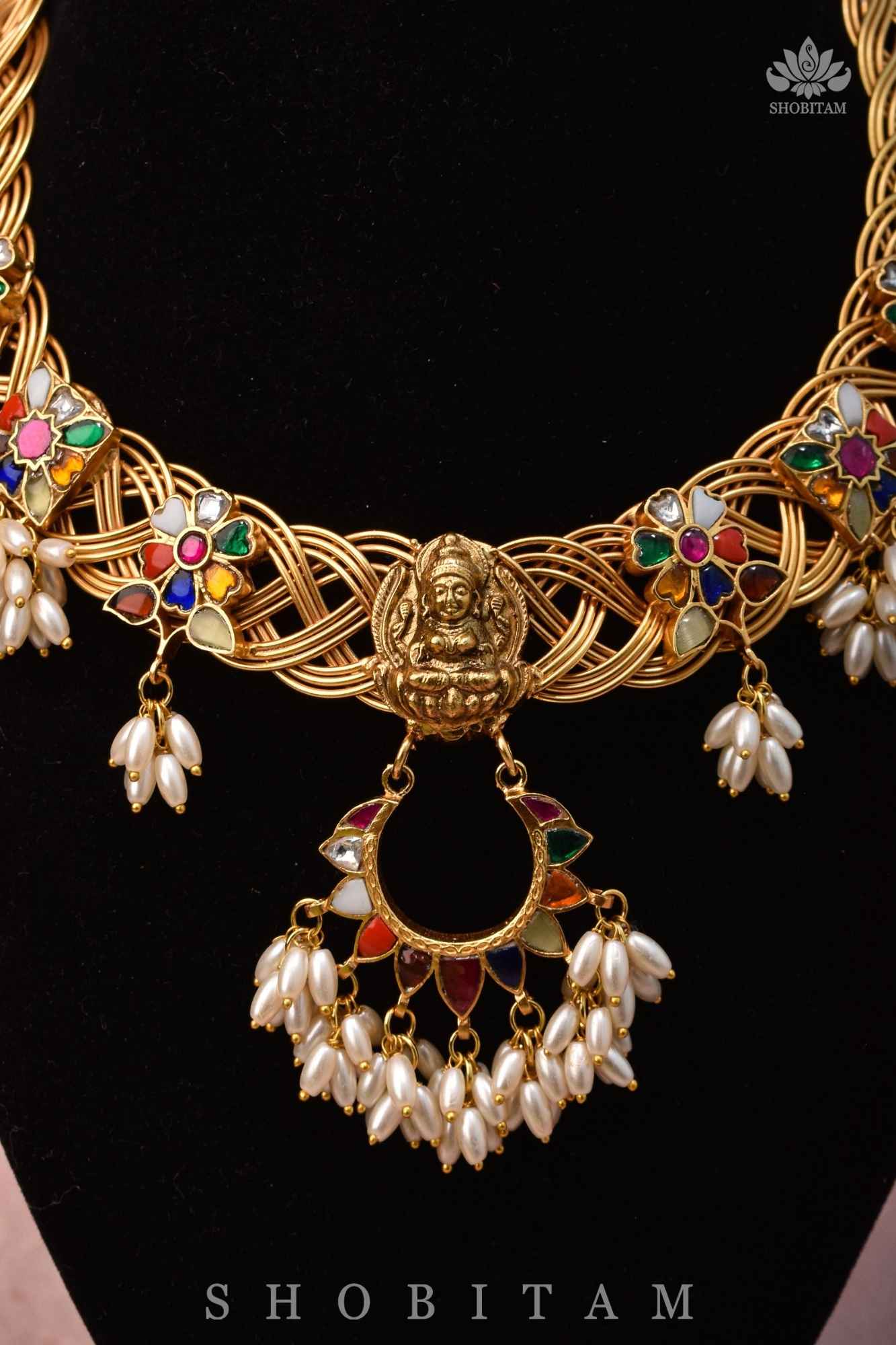 Braided Hasli Carved Lakshmi with Navaratna Stones Necklace Set with Dangling Rice Pearls, No Earrings