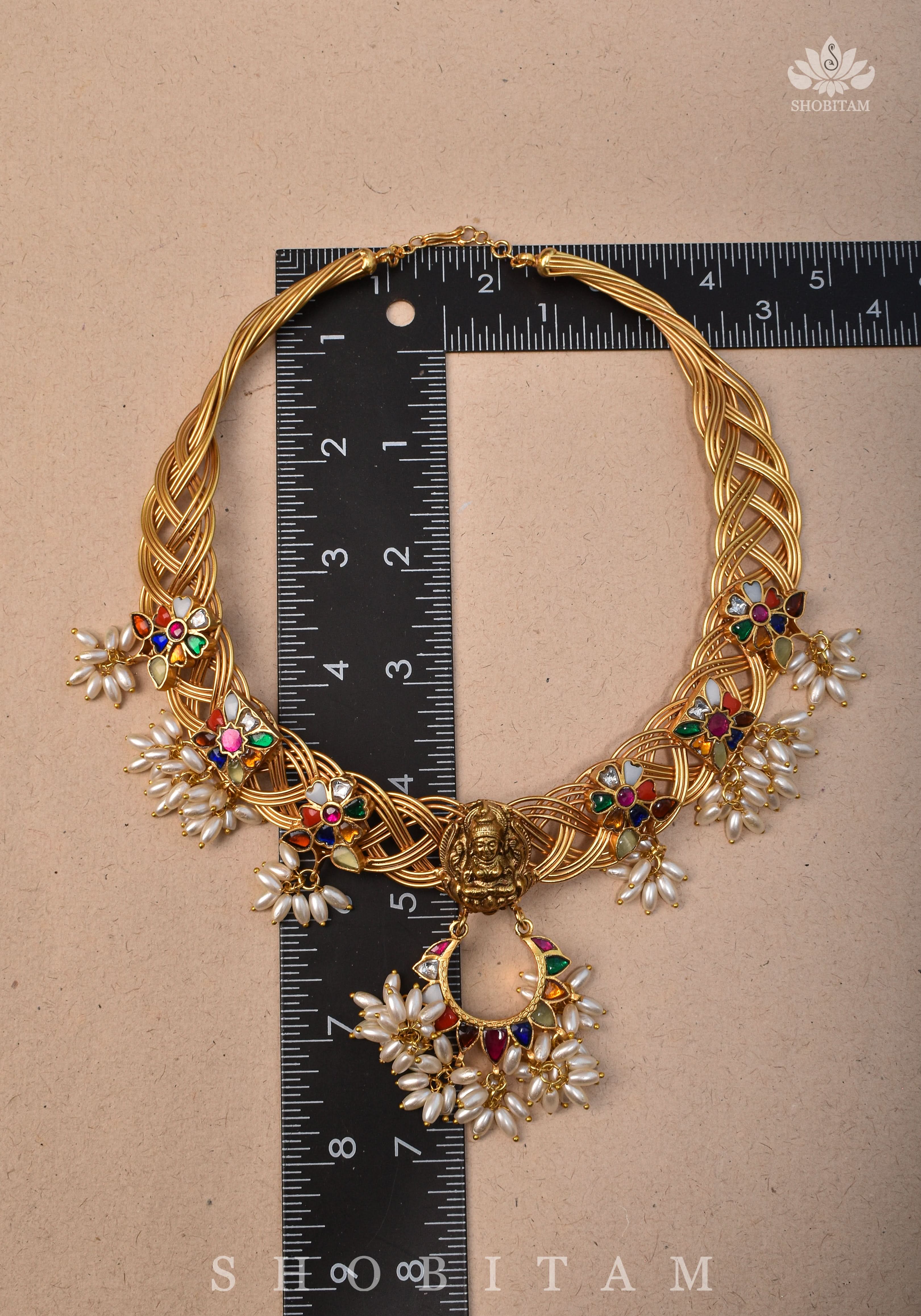 Braided Hasli Carved Lakshmi with Navaratna Stones Necklace Set with Dangling Rice Pearls, No Earrings | Shobitam