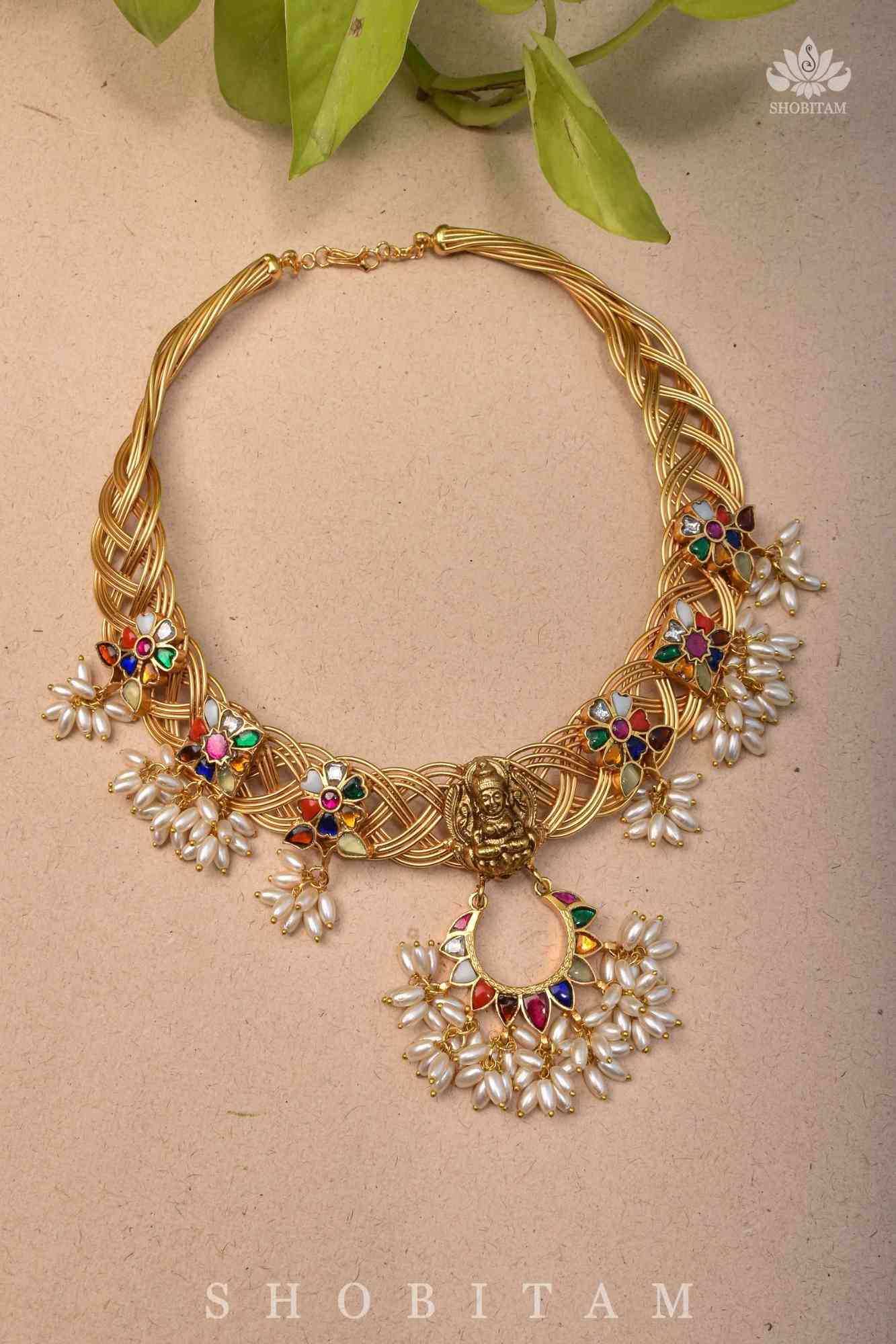 Braided Hasli Carved Lakshmi with Navaratna Stones Necklace Set with Dangling Rice Pearls, No Earrings