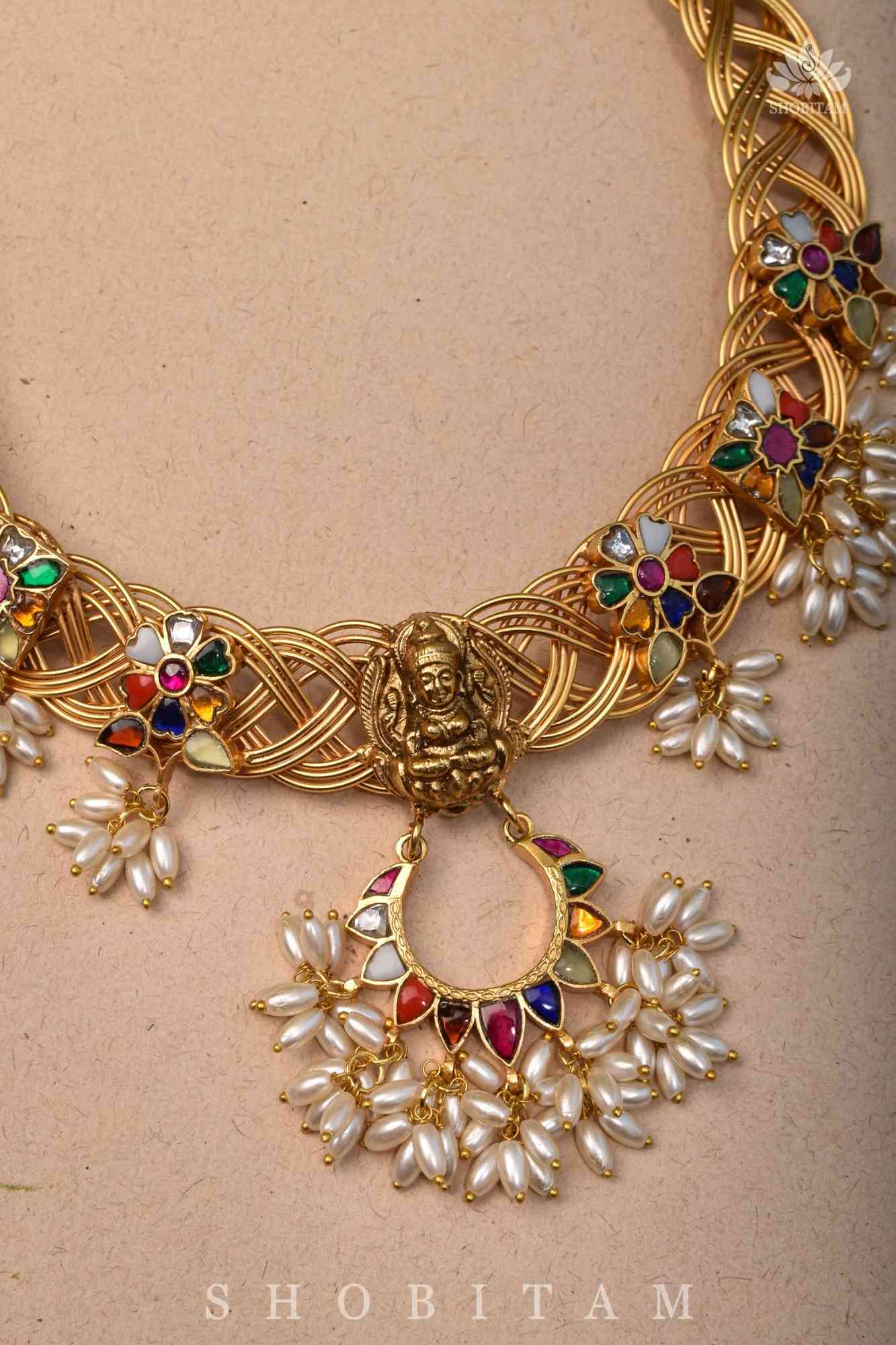 Braided Hasli Carved Lakshmi with Navaratna Stones Necklace Set with Dangling Rice Pearls, No Earrings