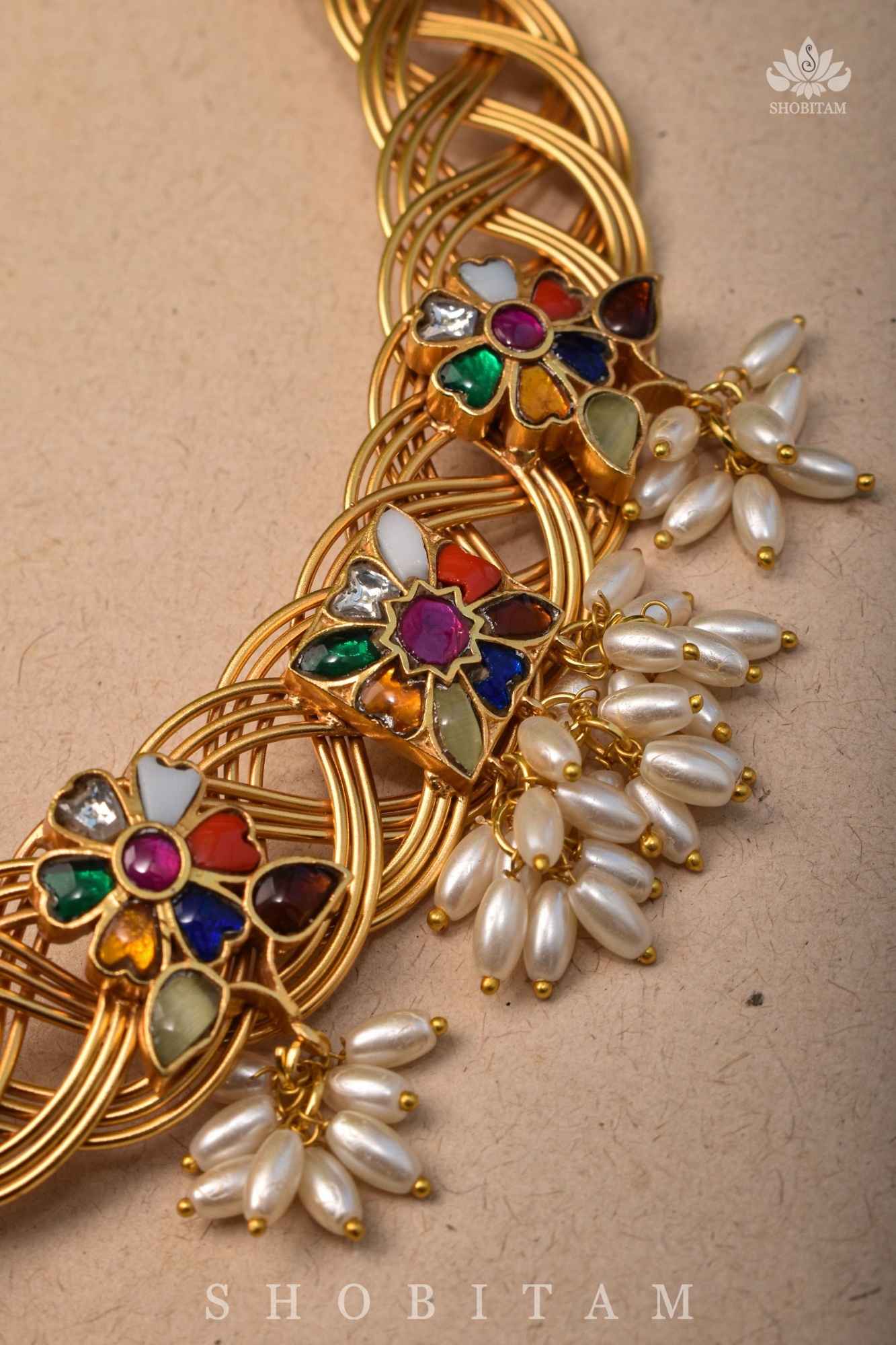 Braided Hasli Carved Lakshmi with Navaratna Stones Necklace Set with Dangling Rice Pearls, No Earrings