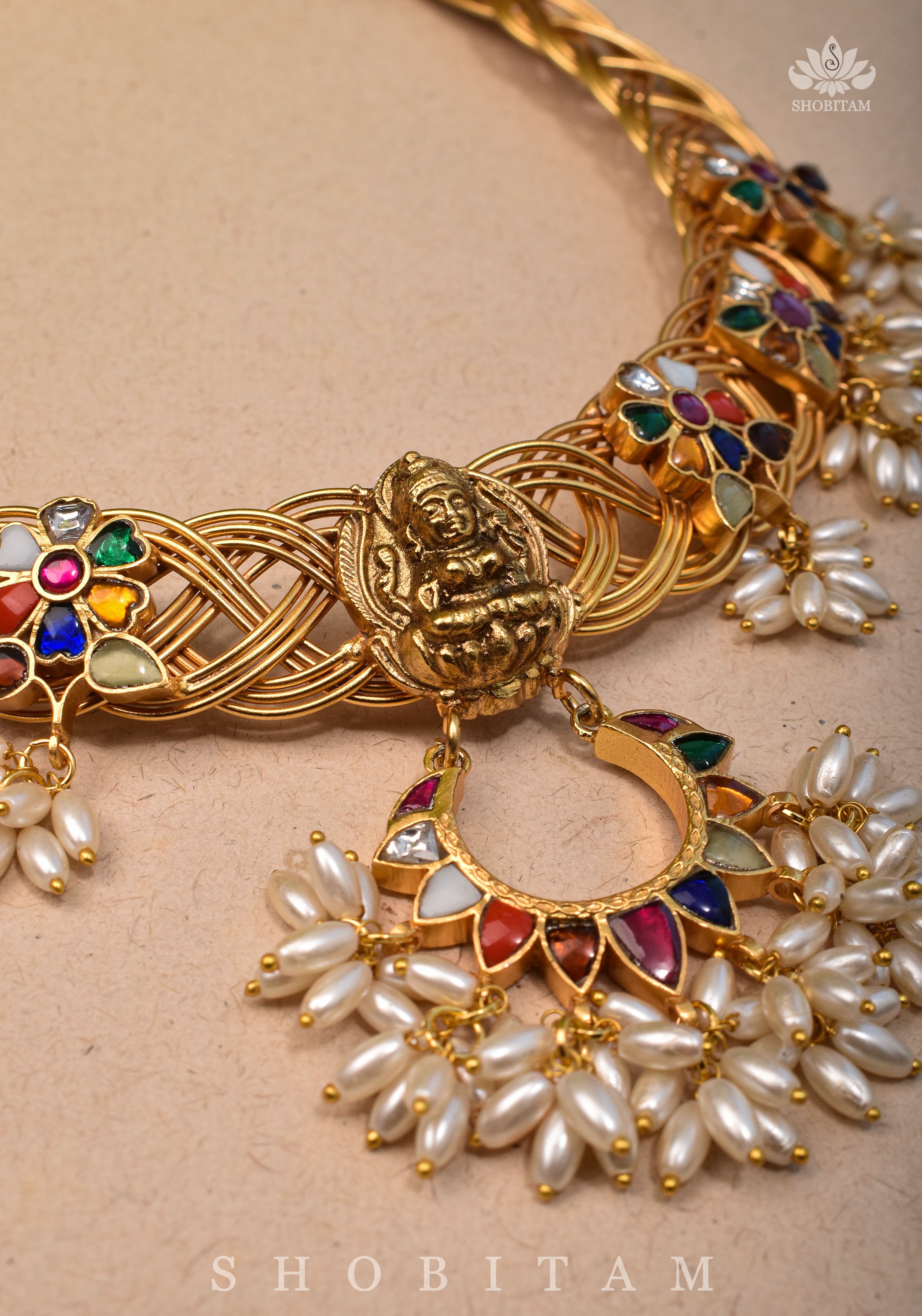 Braided Hasli Carved Lakshmi with Navaratna Stones Necklace Set with Dangling Rice Pearls, No Earrings | Shobitam