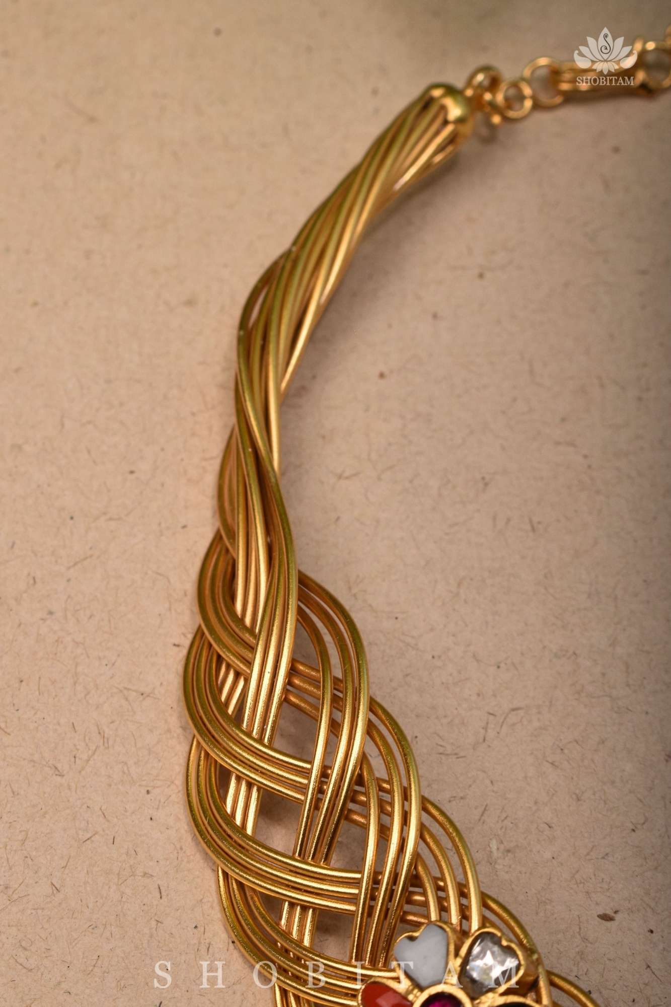 Braided Hasli Carved Lakshmi with Navaratna Stones Necklace Set with Dangling Rice Pearls, No Earrings