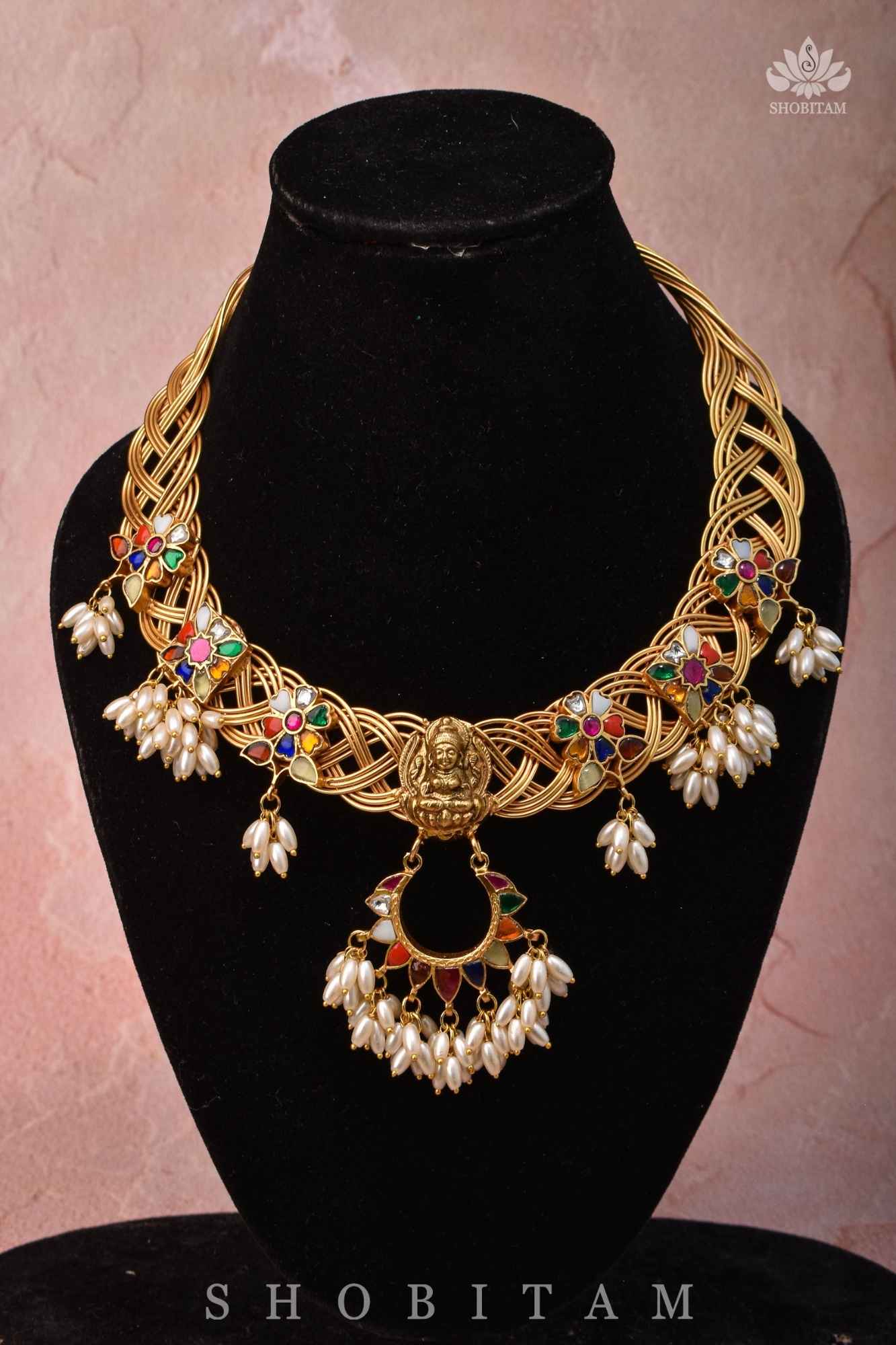 Braided Hasli Carved Lakshmi with Navaratna Stones Necklace Set with Dangling Rice Pearls, No Earrings