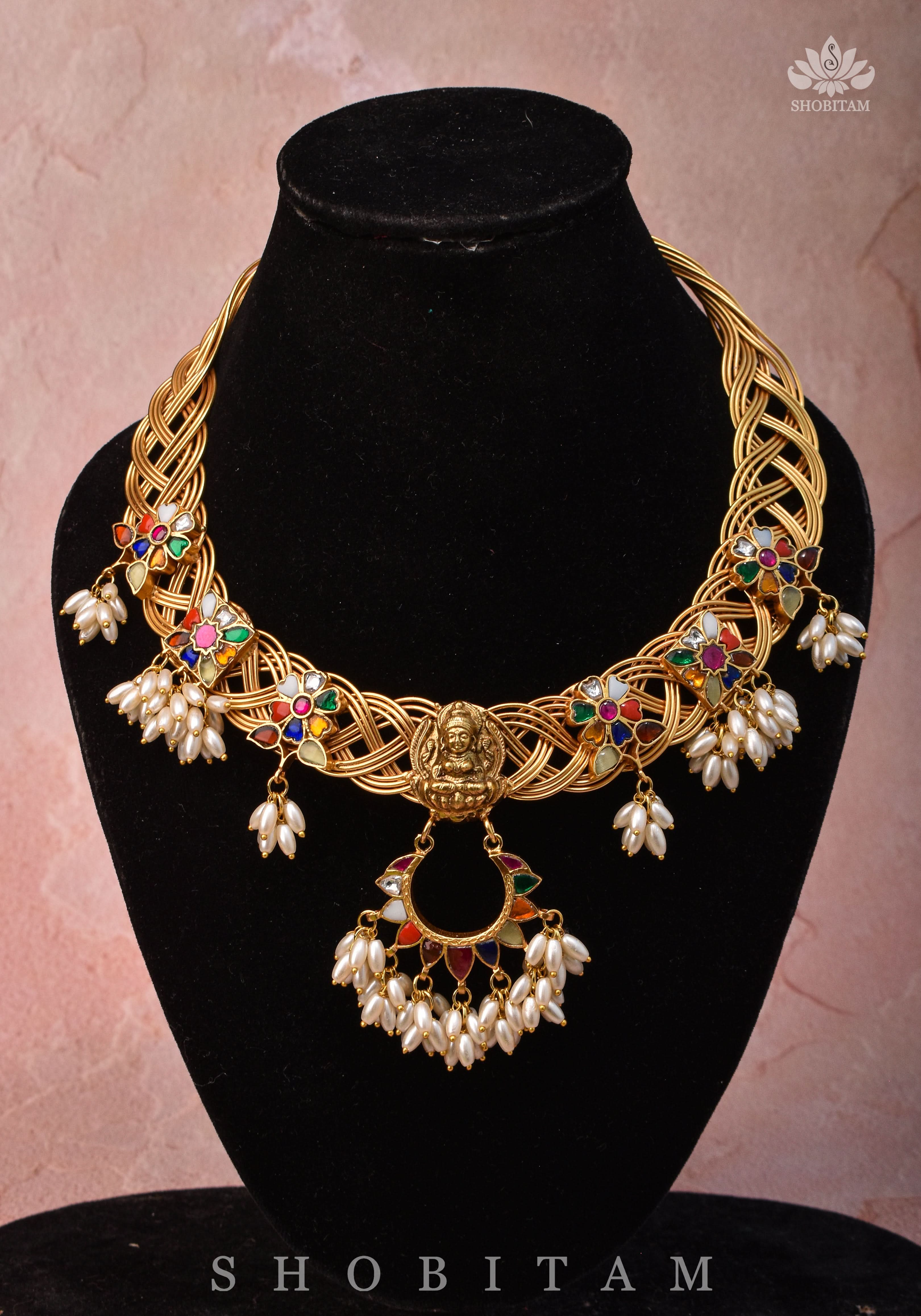 Braided Hasli Carved Lakshmi with Navaratna Stones Necklace Set with Dangling Rice Pearls, No Earrings | Shobitam