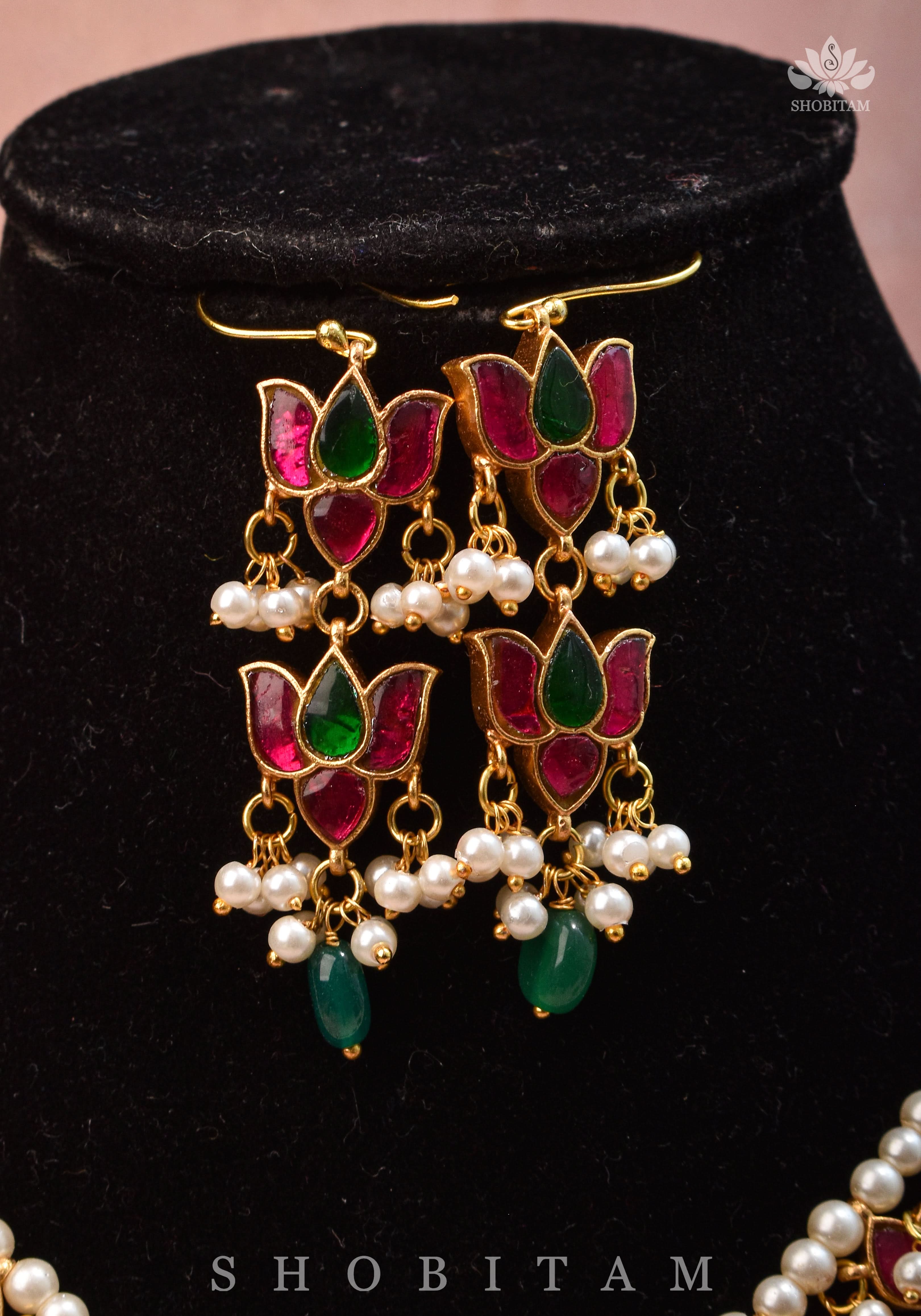 Lotus design Dense Jadau Necklace Set with Green Dangling beads | Shobitam Jewelry