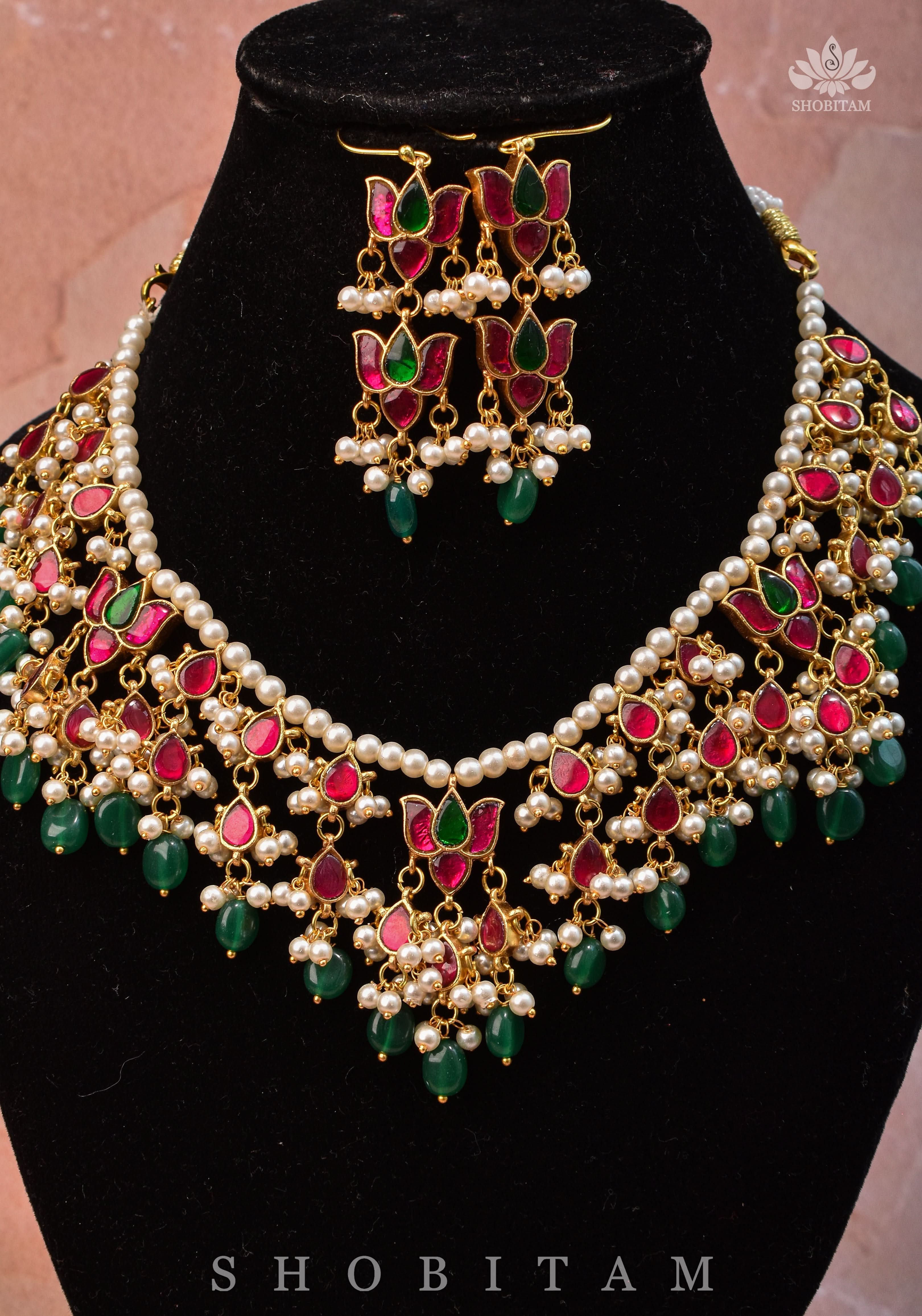 Lotus design Dense Jadau Necklace Set with Green Dangling beads | Shobitam Jewelry