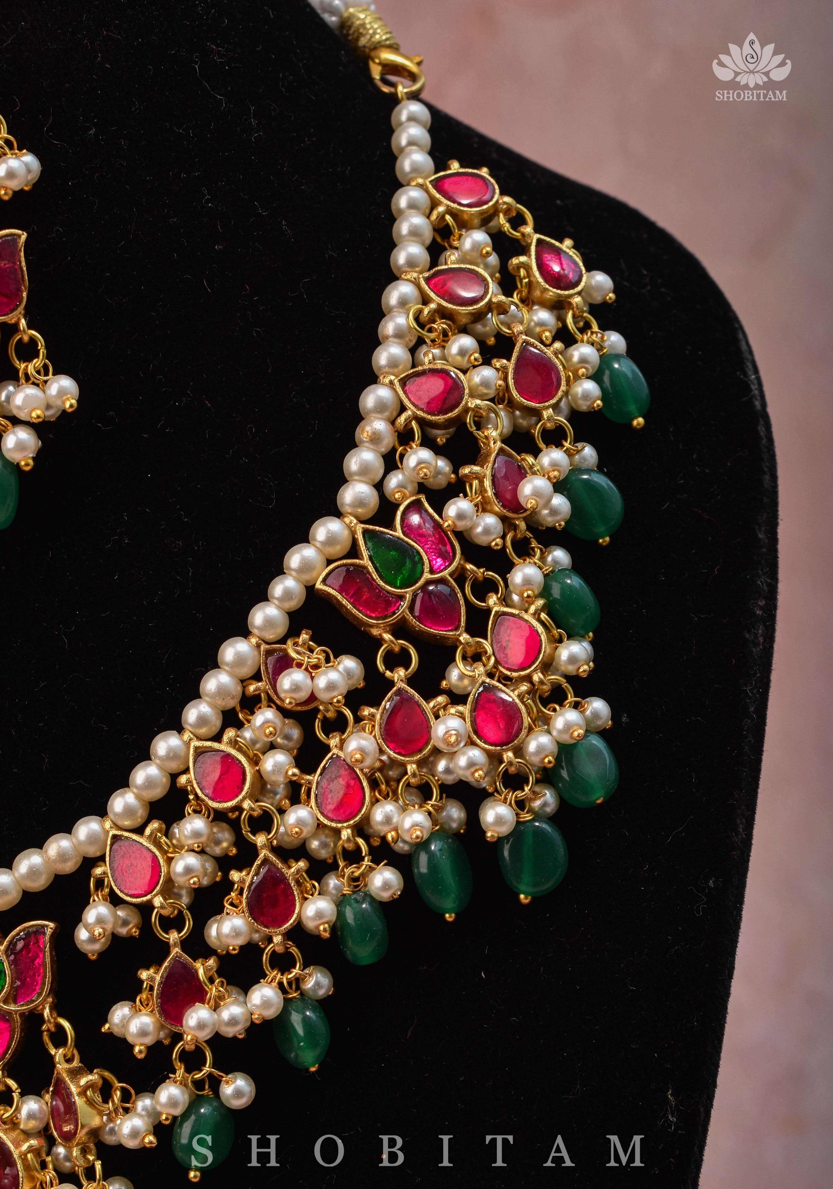 Lotus design Dense Jadau Necklace Set with Green Dangling beads | Shobitam Jewelry