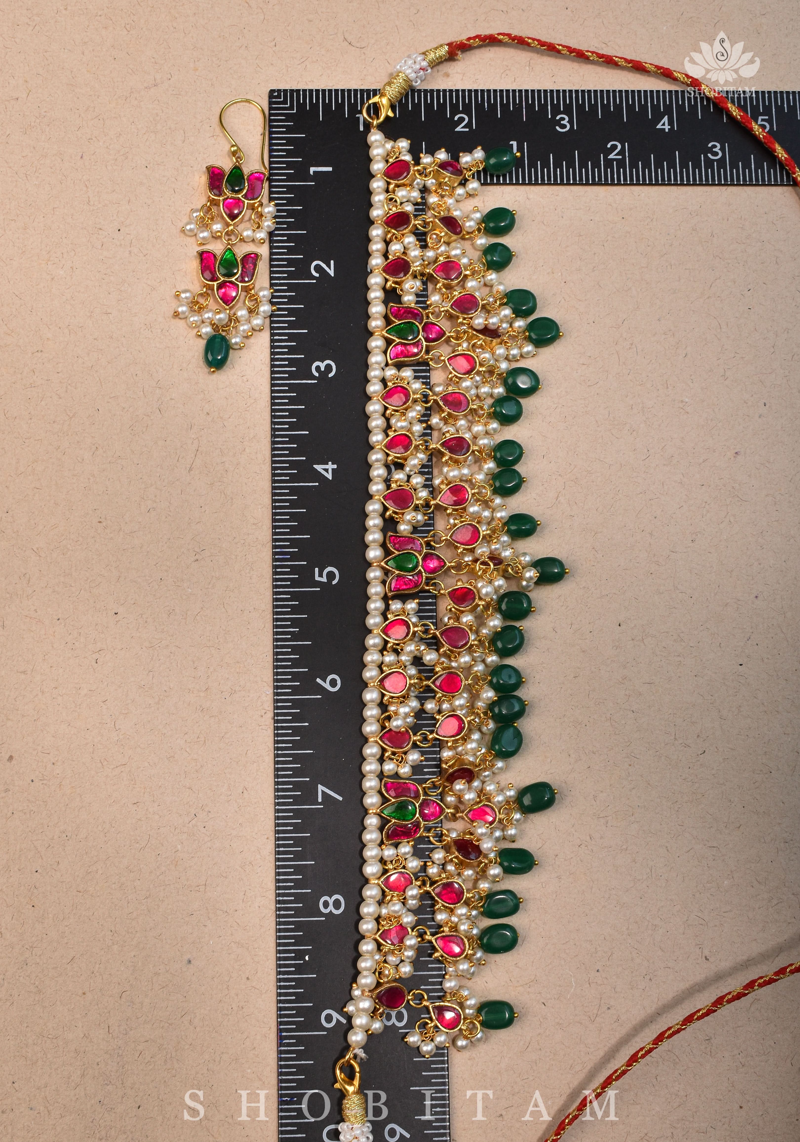 Lotus design Dense Jadau Necklace Set with Green Dangling beads | Shobitam Jewelry