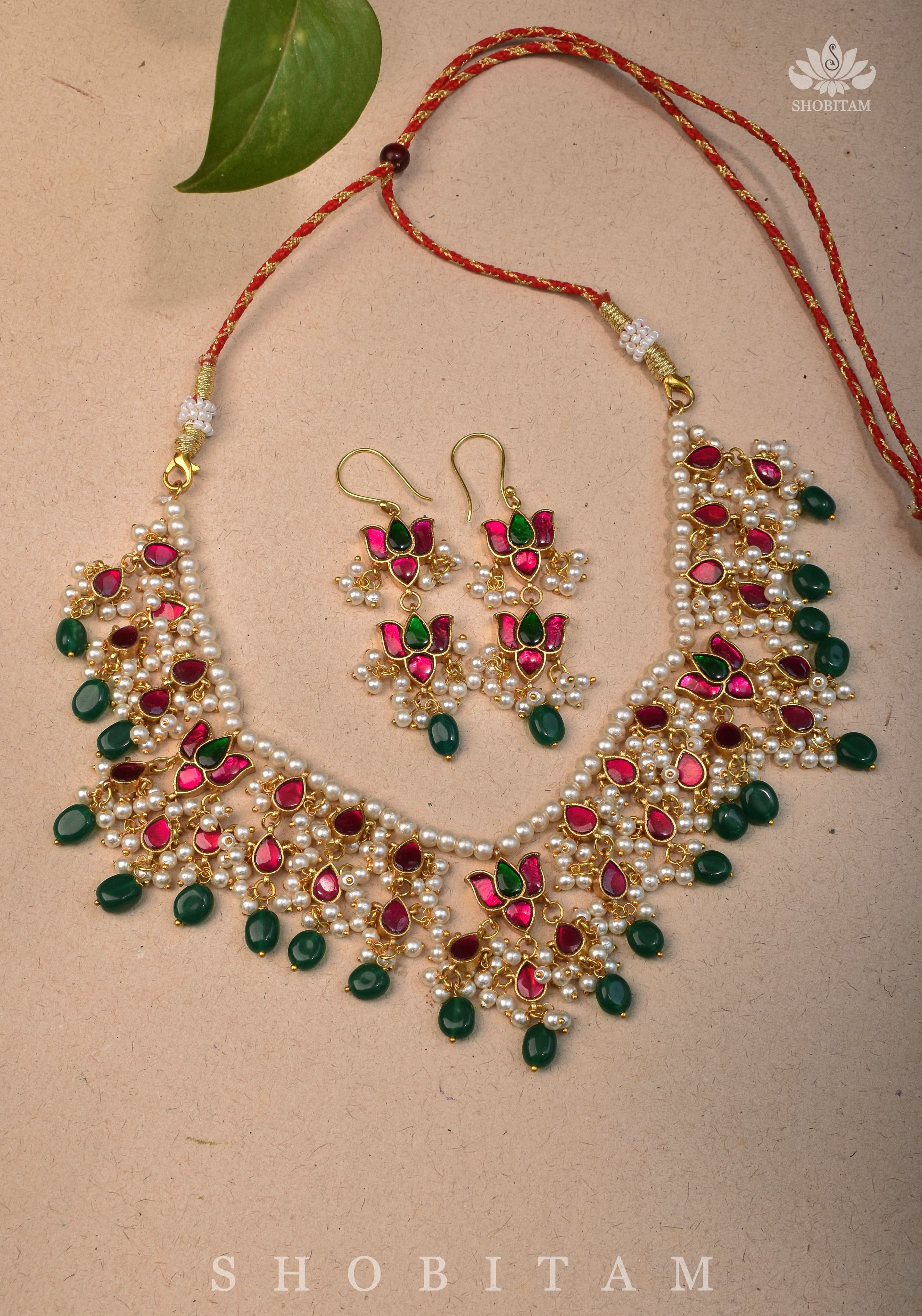 Lotus design Dense Jadau Necklace Set with Green Dangling beads | Shobitam Jewelry