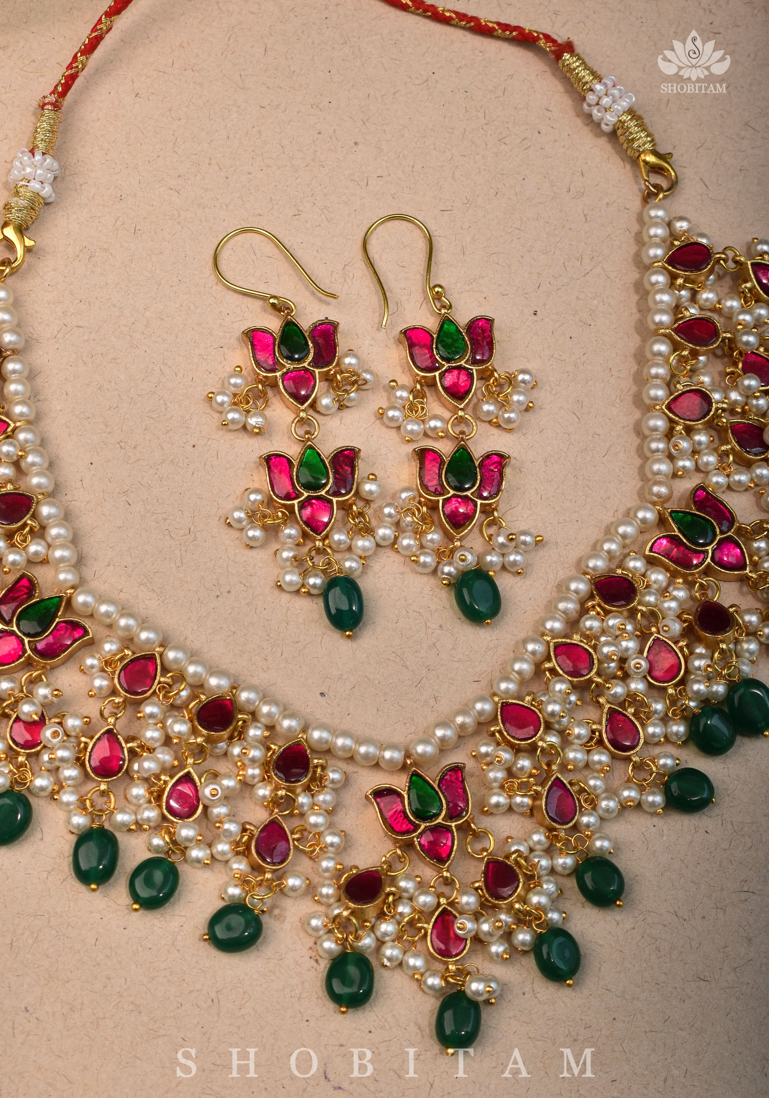 Lotus design Dense Jadau Necklace Set with Green Dangling beads | Shobitam Jewelry