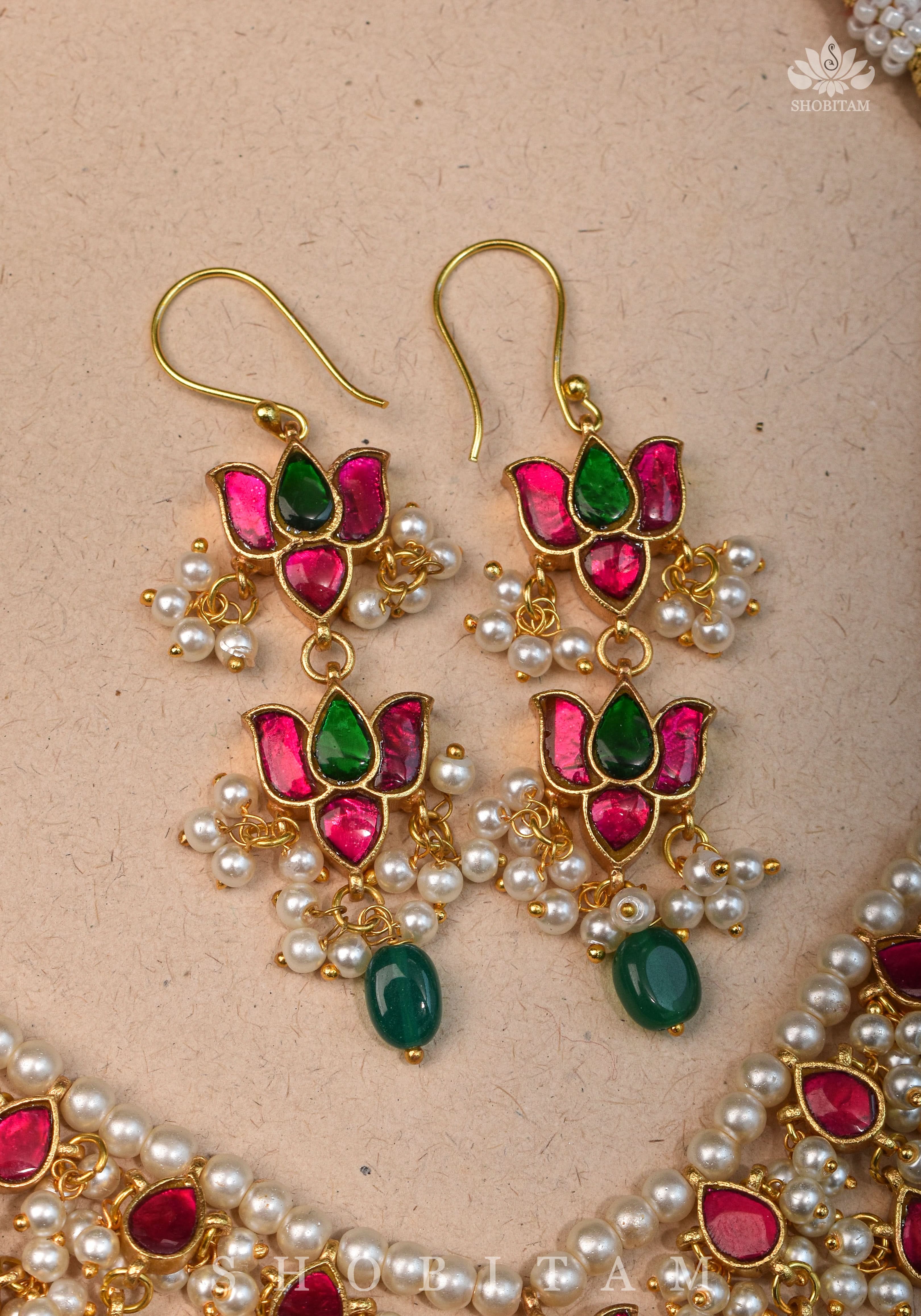 Lotus design Dense Jadau Necklace Set with Green Dangling beads | Shobitam Jewelry