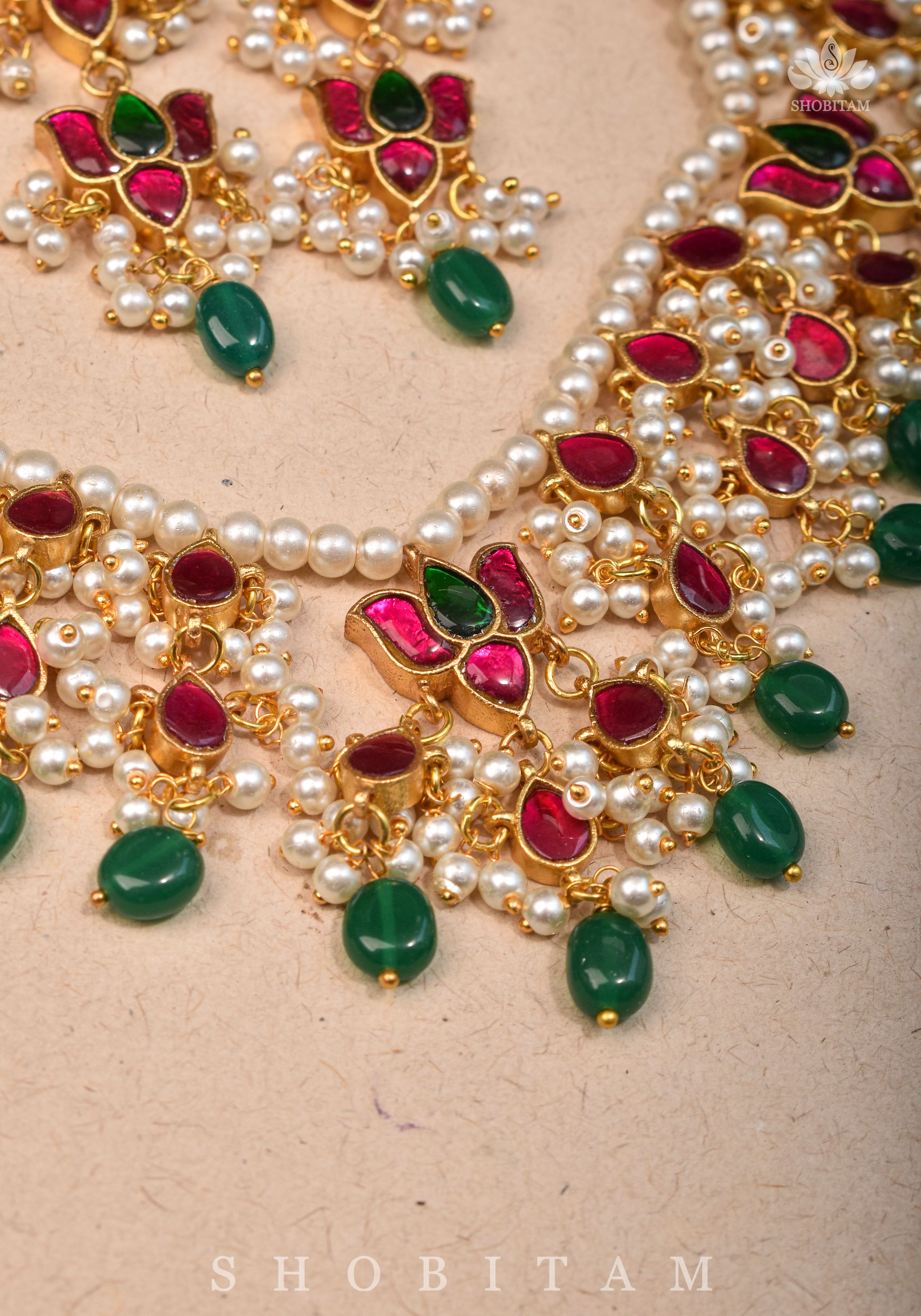 Lotus design Dense Jadau Necklace Set with Green Dangling beads | Shobitam Jewelry