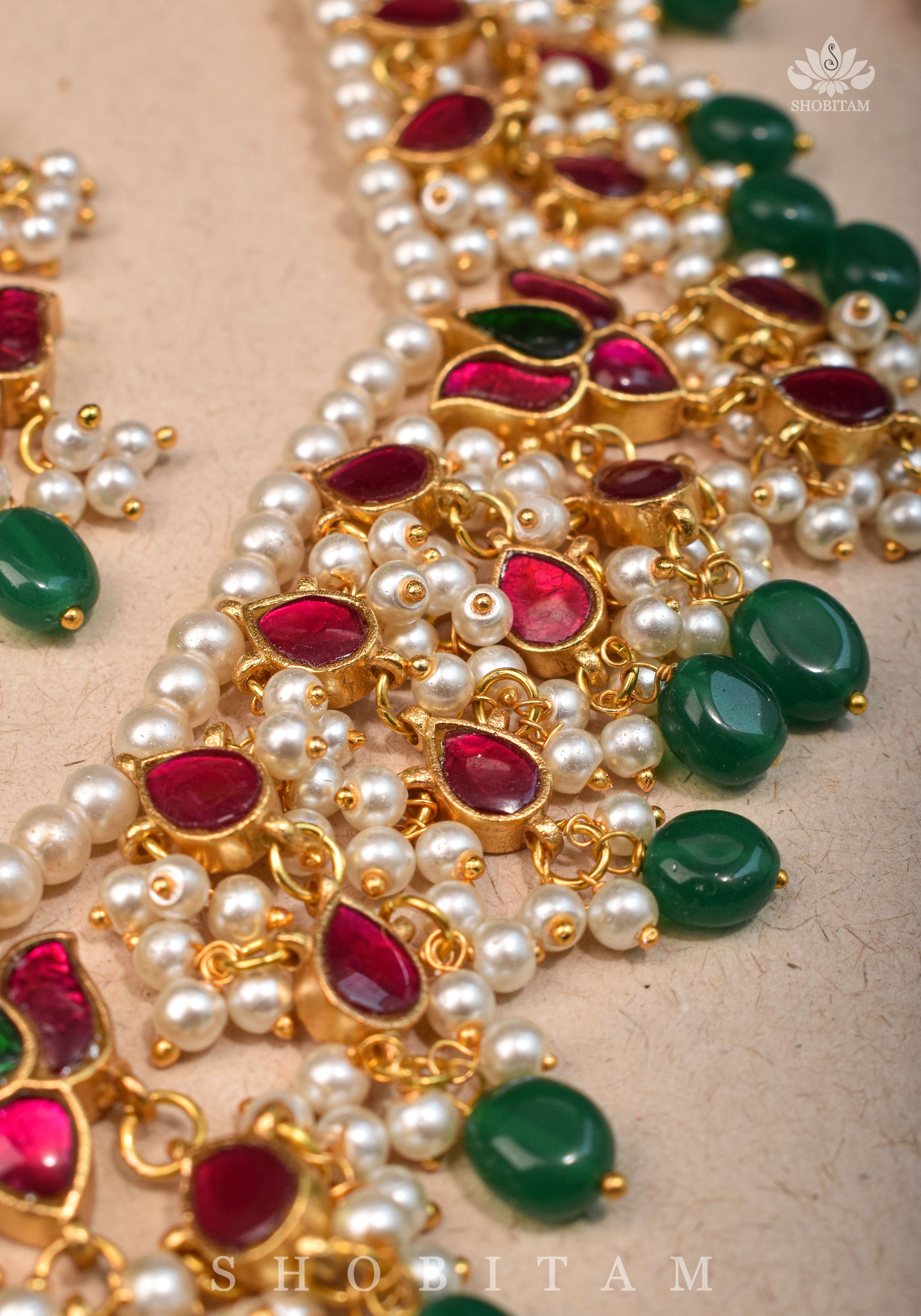 Lotus design Dense Jadau Necklace Set with Green Dangling beads | Shobitam Jewelry