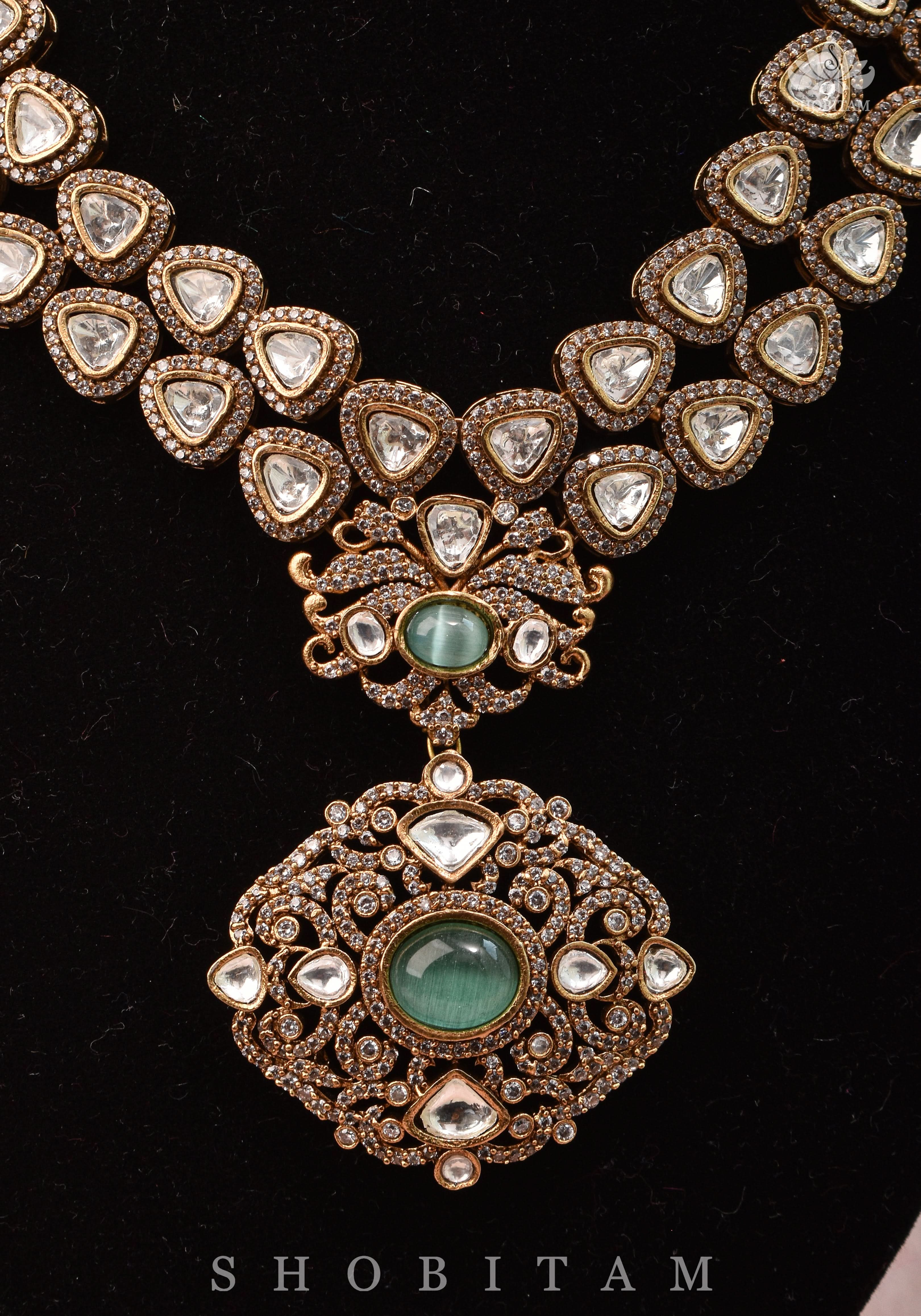 Classic Victorian Design Stone Studded Necklace Set with White and Green Stones | Shobitam jewelry