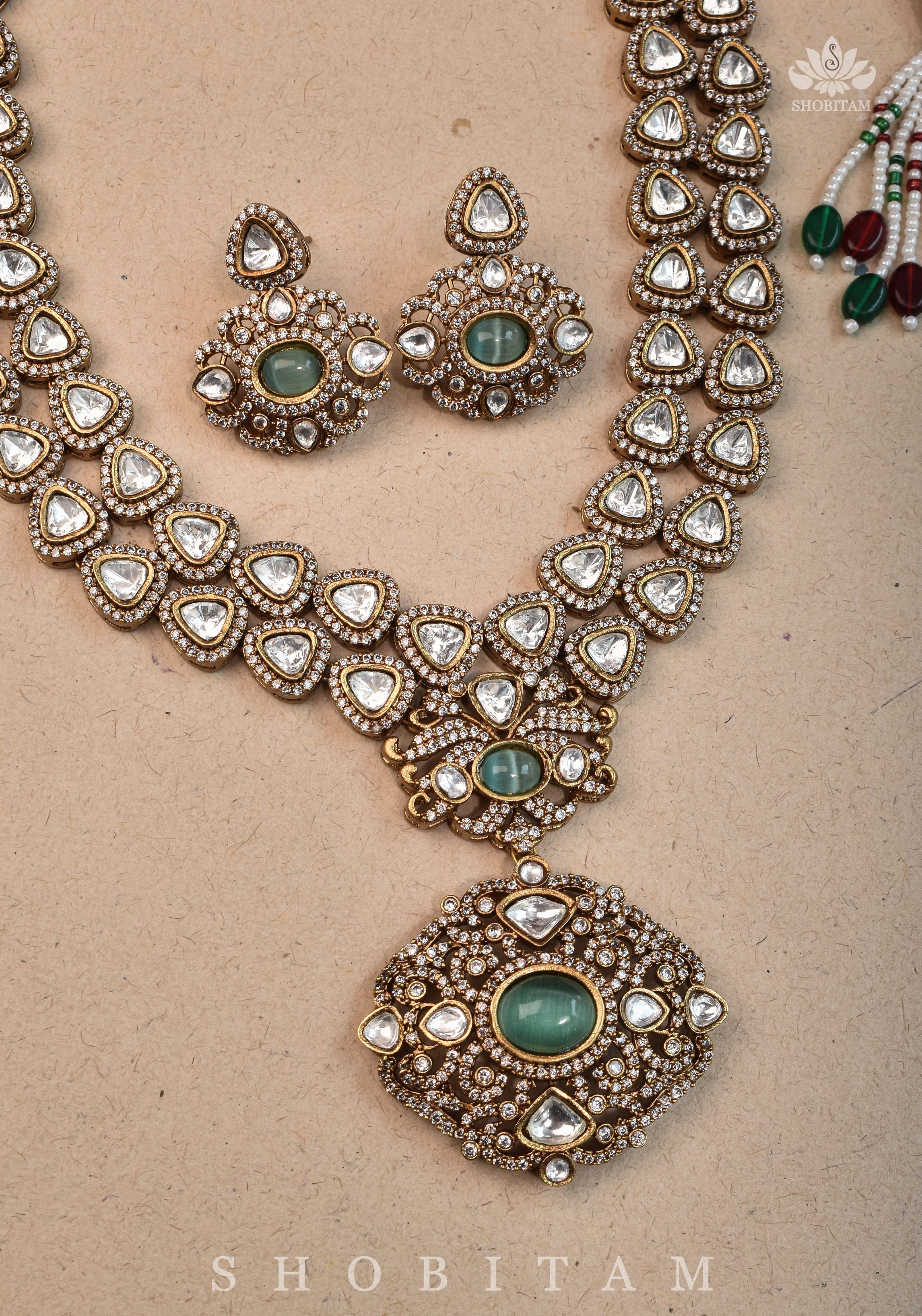 Classic Victorian Design Stone Studded Necklace Set with White and Green Stones | Shobitam jewelry
