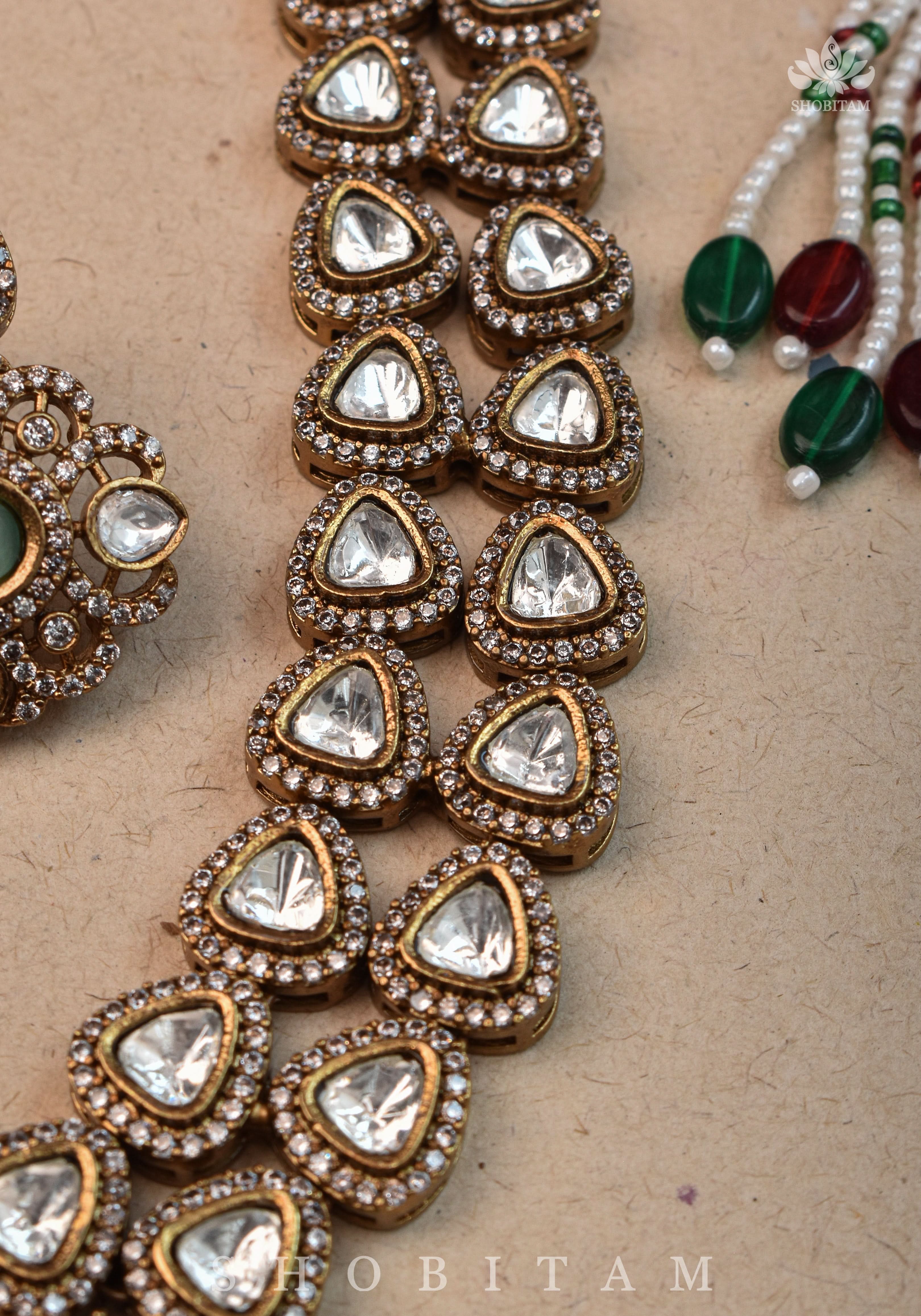Classic Victorian Design Stone Studded Necklace Set with White and Green Stones | Shobitam jewelry