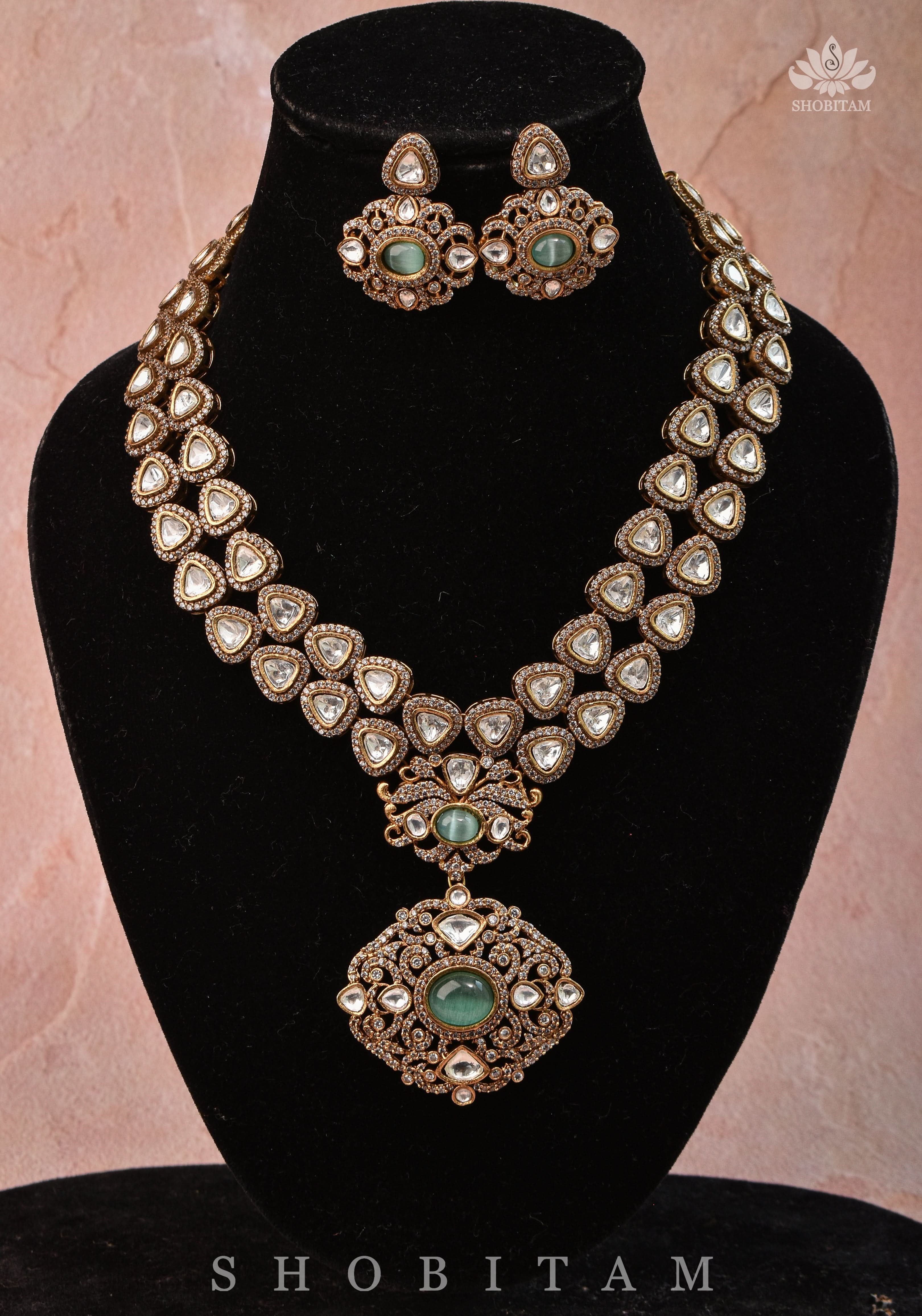 Classic Victorian Design Stone Studded Necklace Set with White and Green Stones | Shobitam jewelry