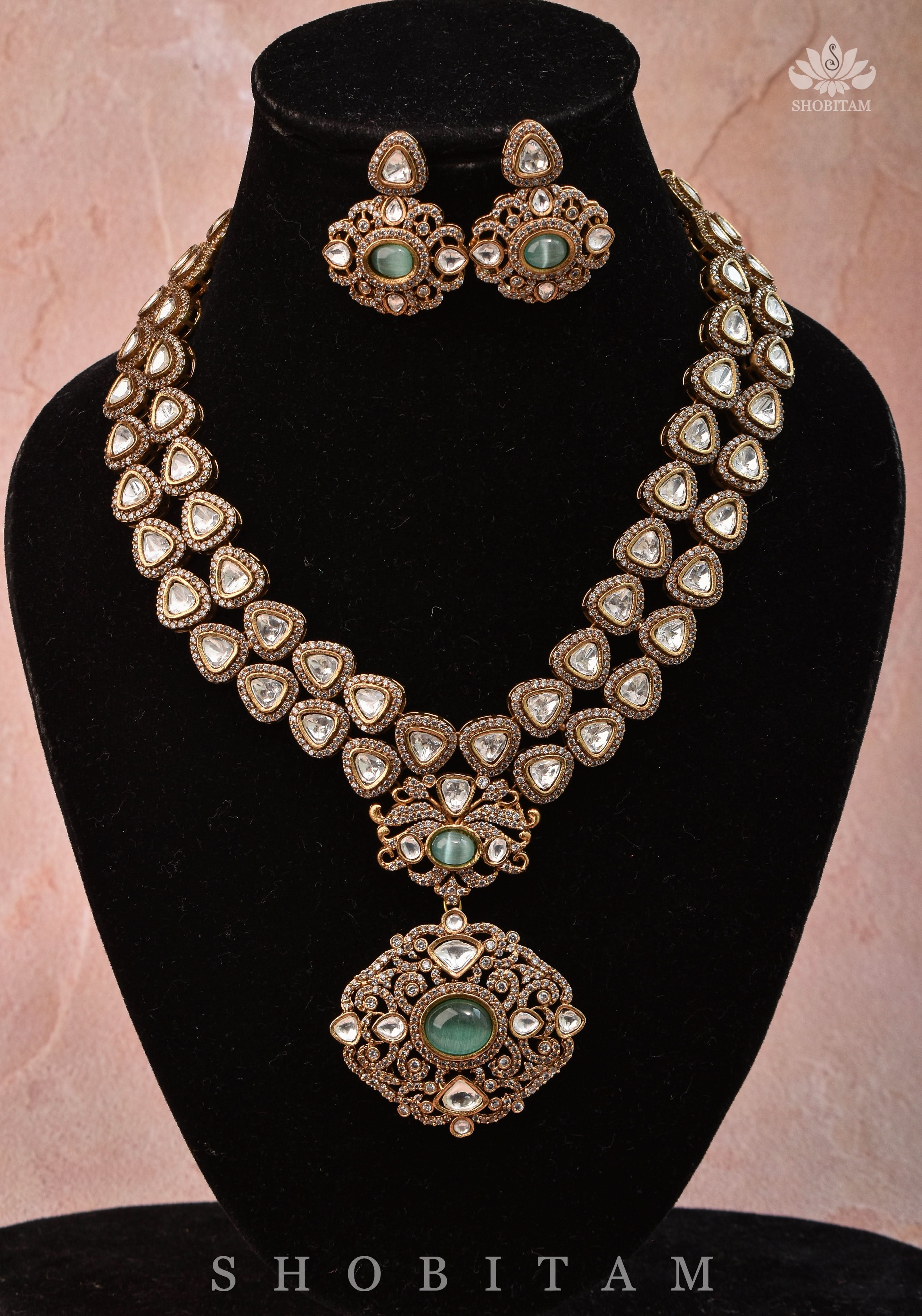 Classic Victorian Design Stone Studded Necklace Set with White and Green Stones | Shobitam jewelry