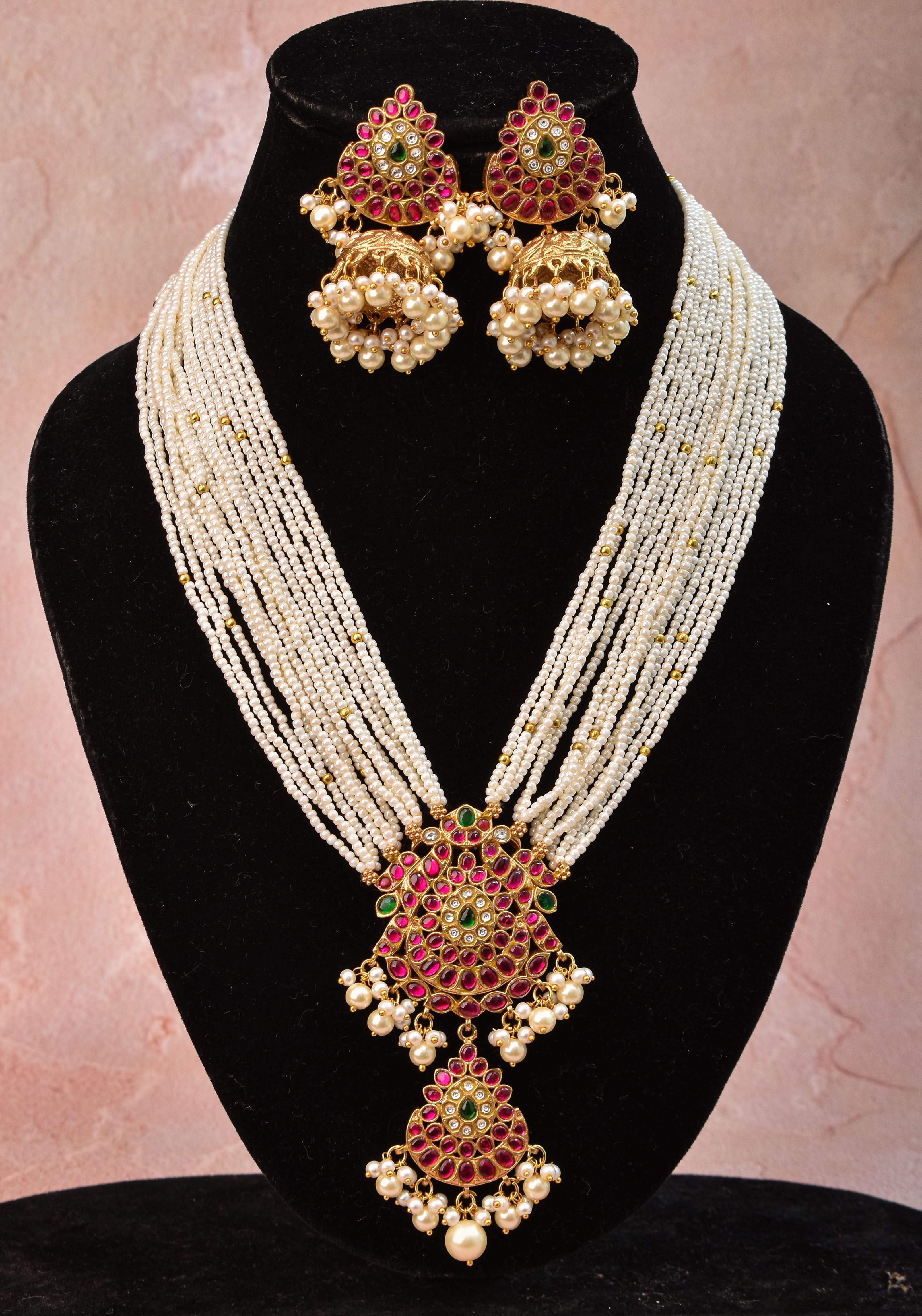 Jadau Twin Peacock Design Multistrand Choker Set with White, Green, Pink stones | Shobitam Jewelry