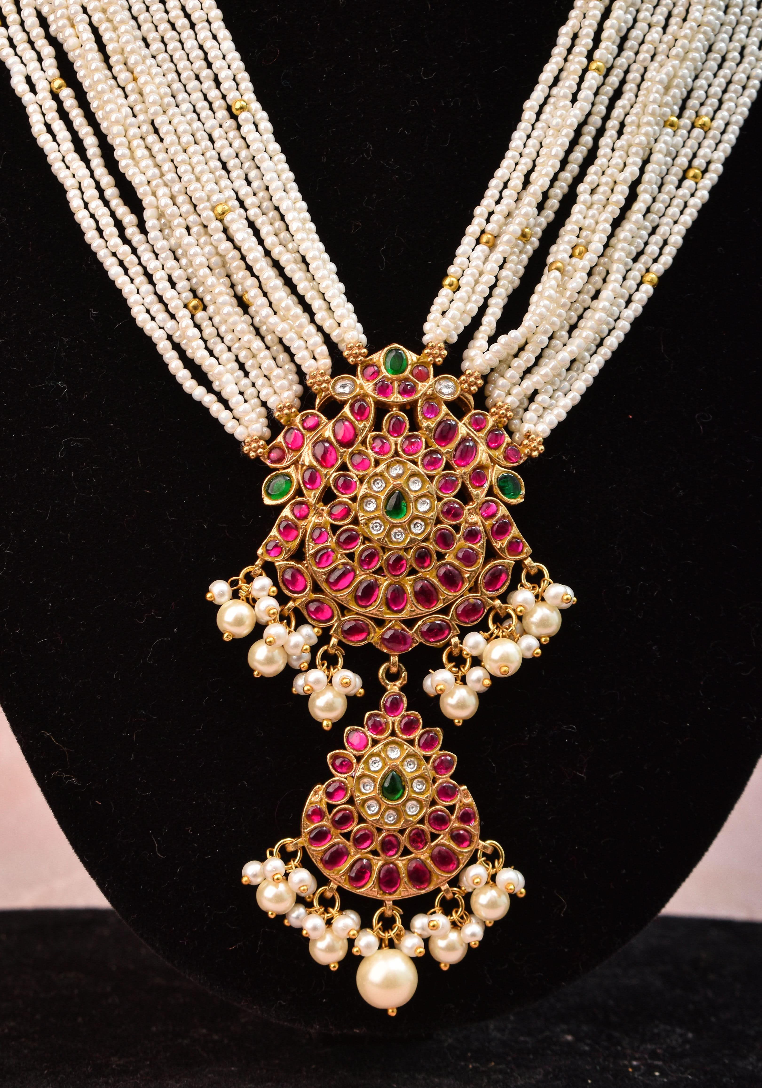 Jadau Twin Peacock Design Multistrand Choker Set with White, Green, Pink stones | Shobitam Jewelry
