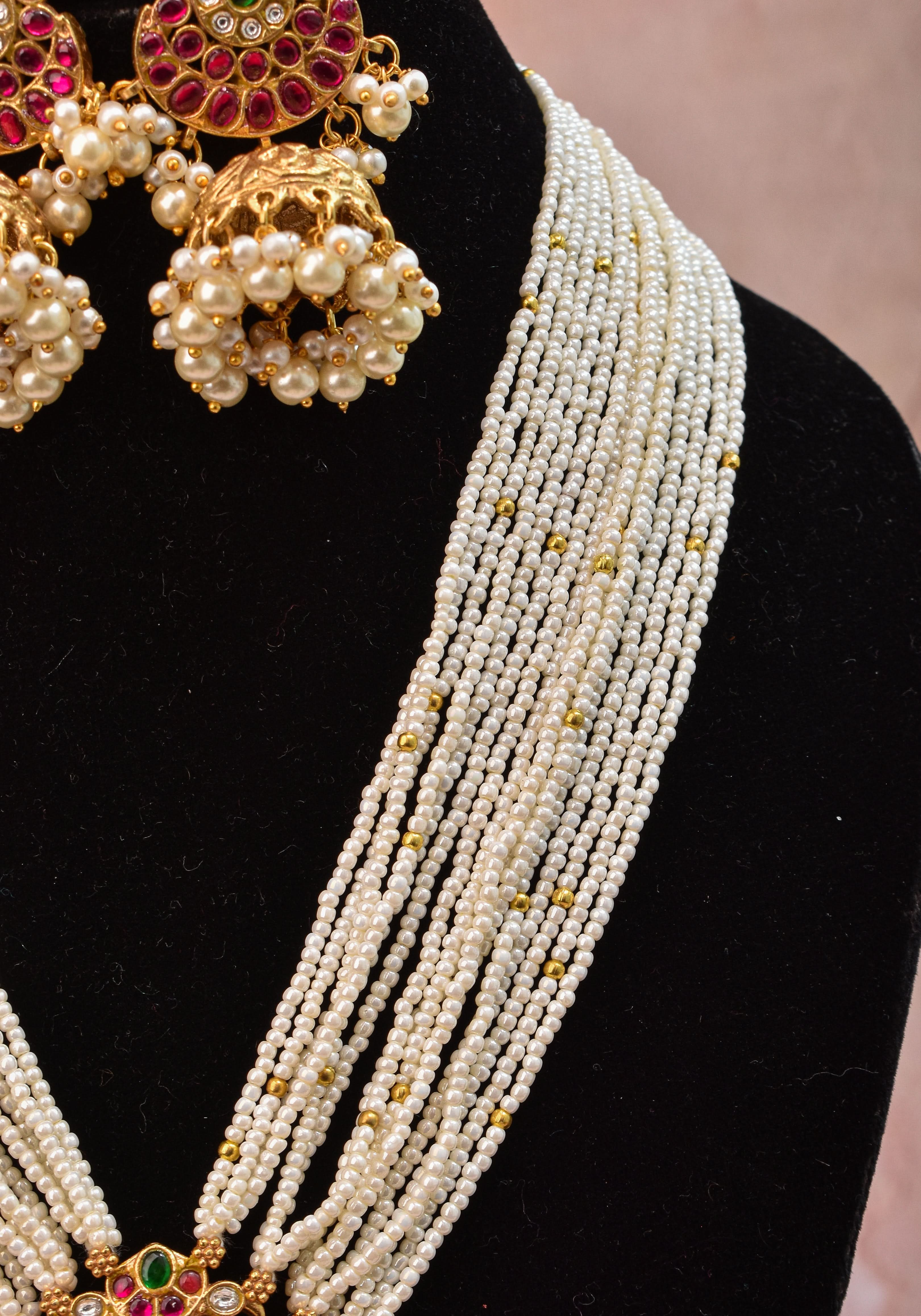 Jadau Twin Peacock Design Multistrand Choker Set with White, Green, Pink stones | Shobitam Jewelry