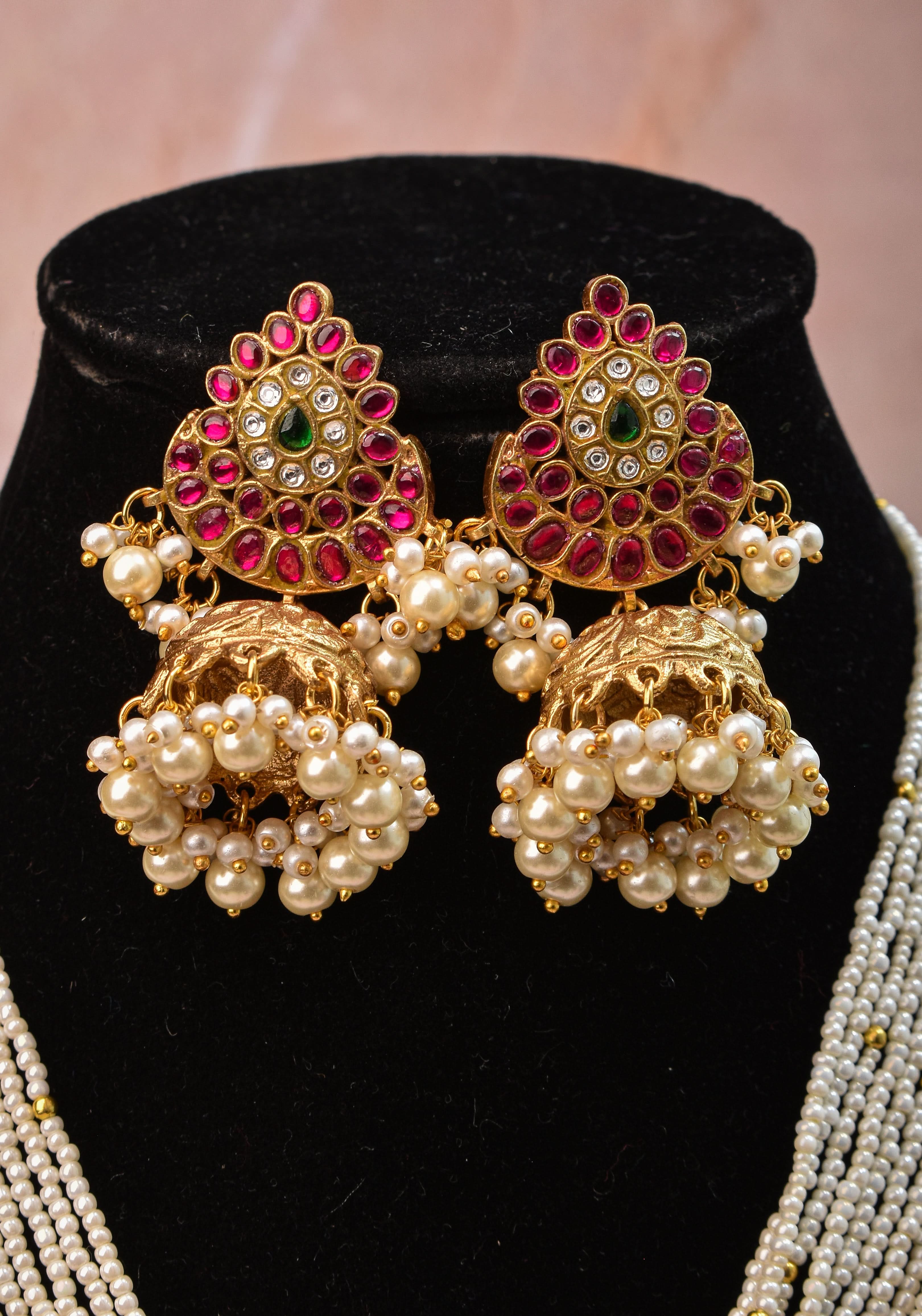 Jadau Twin Peacock Design Multistrand Choker Set with White, Green, Pink stones | Shobitam Jewelry