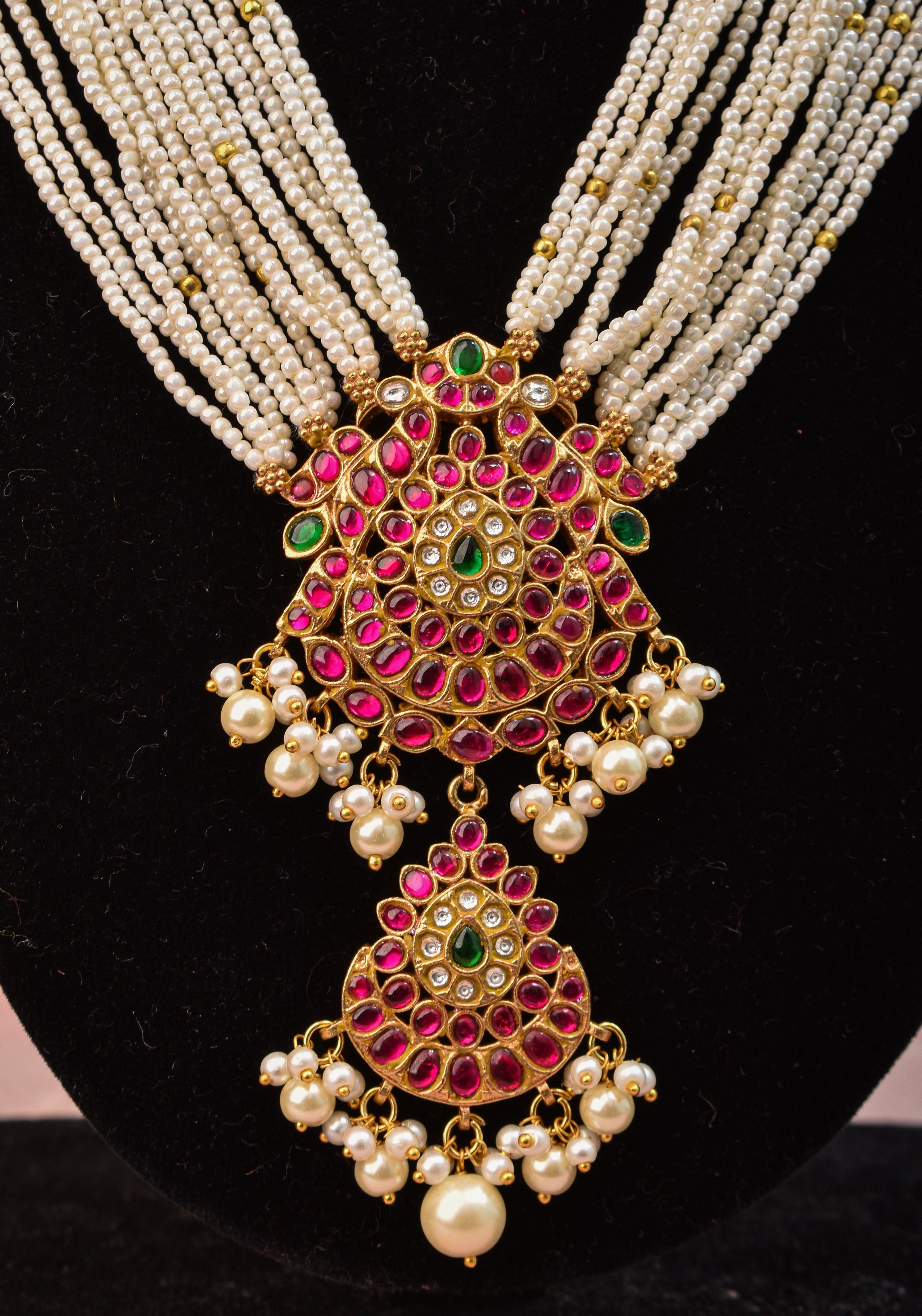 Jadau Twin Peacock Design Multistrand Choker Set with White, Green, Pink stones | Shobitam Jewelry
