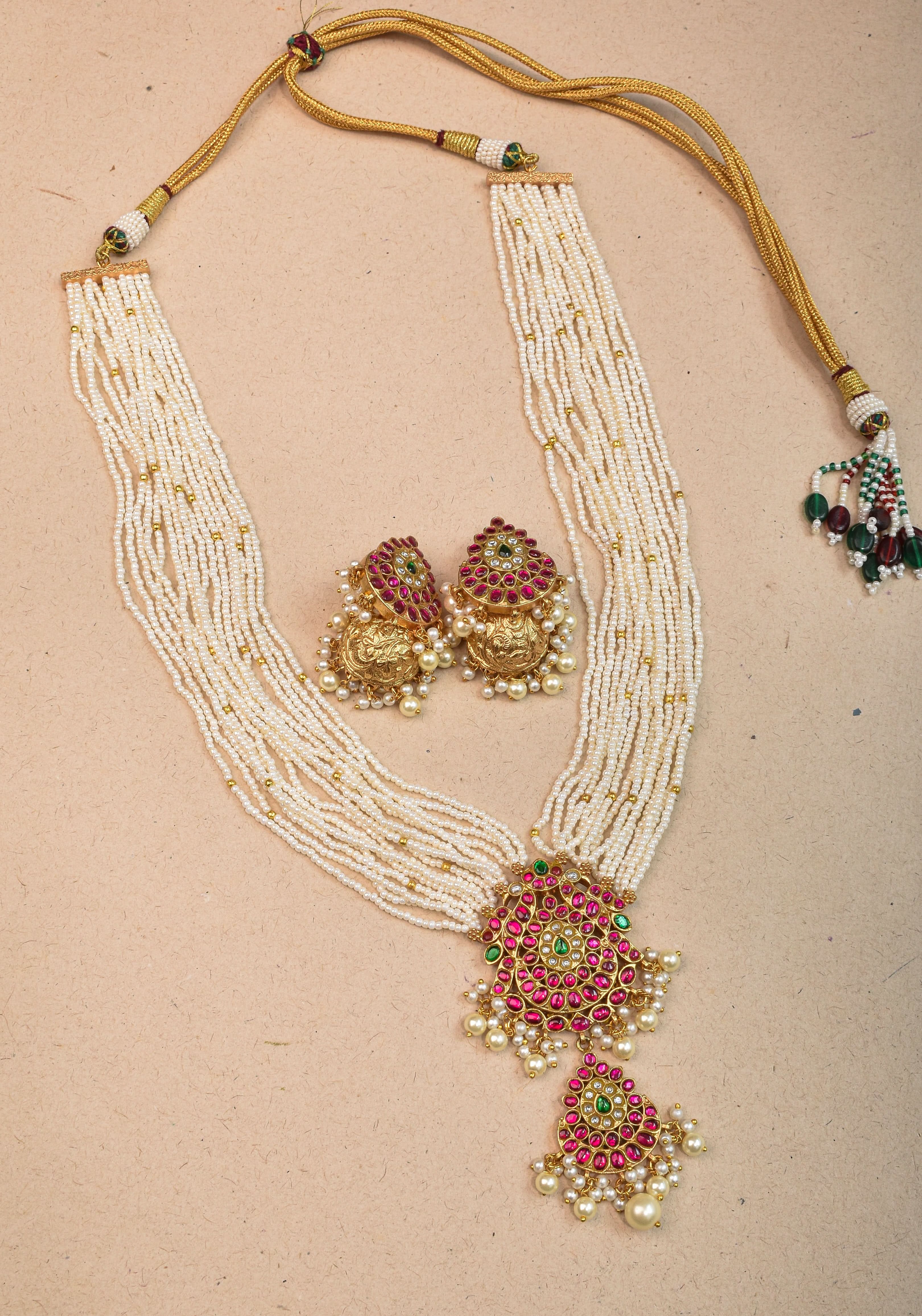Jadau Twin Peacock Design Multistrand Choker Set with White, Green, Pink stones | Shobitam Jewelry