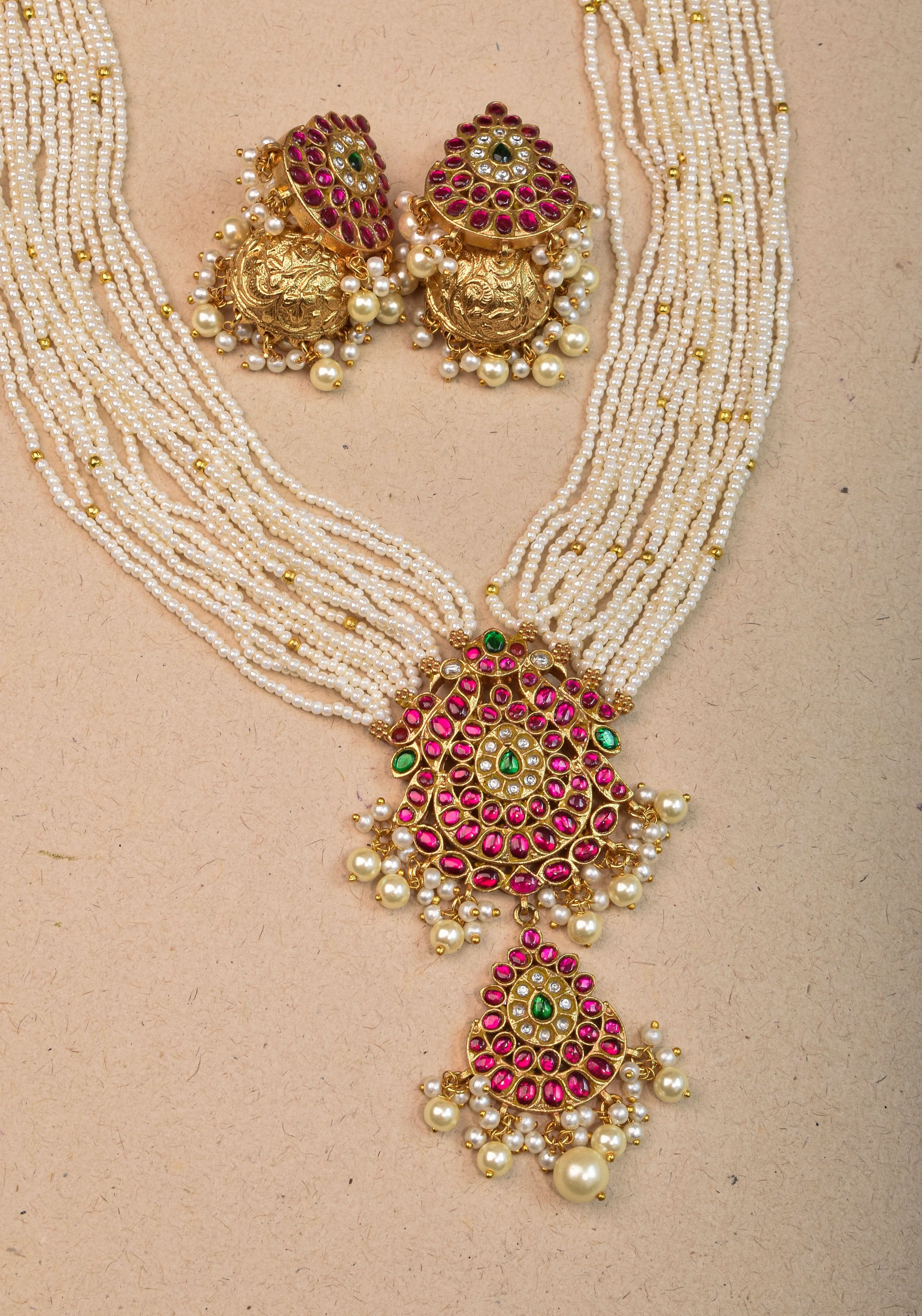 Jadau Twin Peacock Design Multistrand Choker Set with White, Green, Pink stones | Shobitam Jewelry