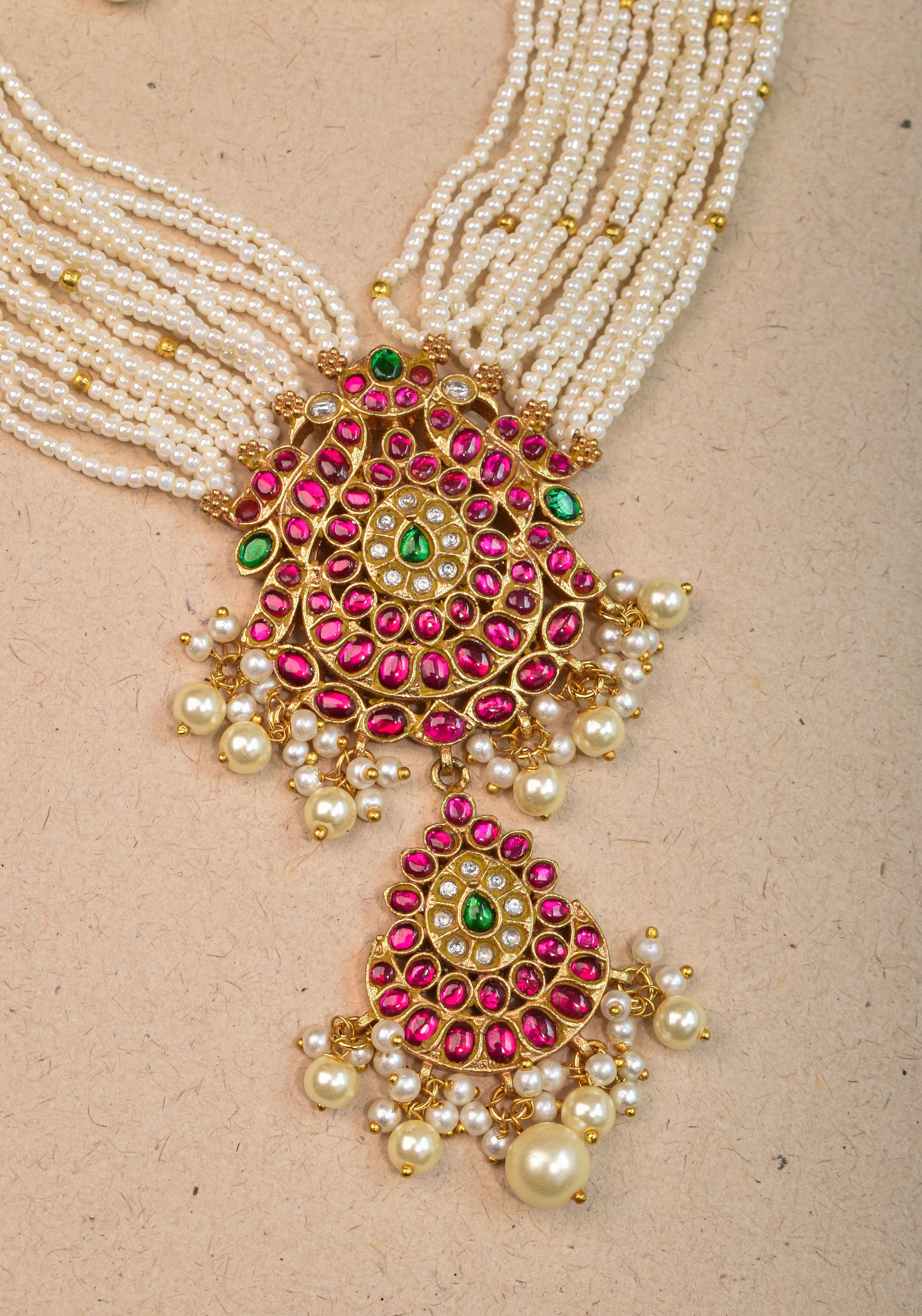 Jadau Twin Peacock Design Multistrand Choker Set with White, Green, Pink stones | Shobitam Jewelry
