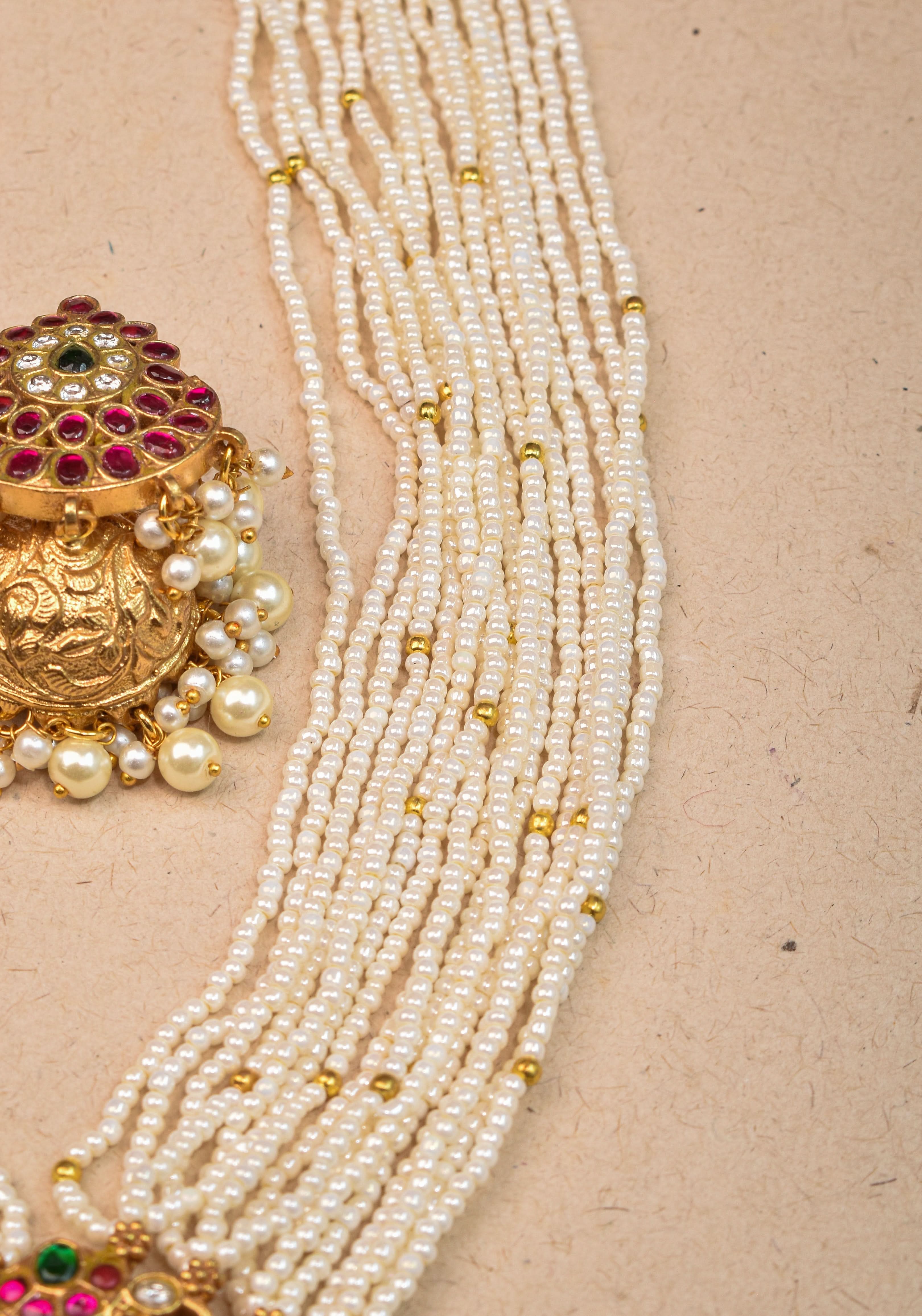 Jadau Twin Peacock Design Multistrand Choker Set with White, Green, Pink stones | Shobitam Jewelry