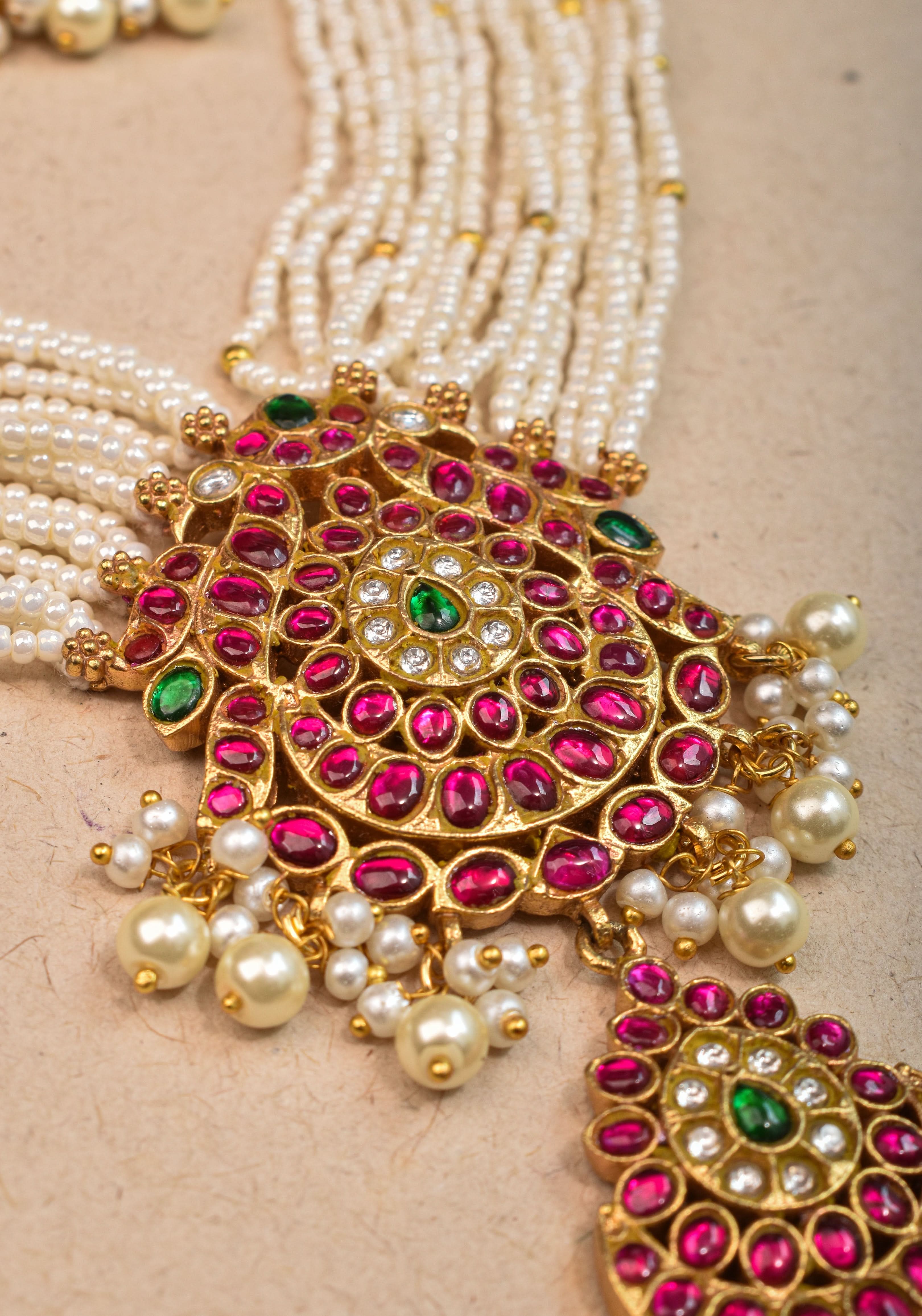 Jadau Twin Peacock Design Multistrand Choker Set with White, Green, Pink stones | Shobitam Jewelry