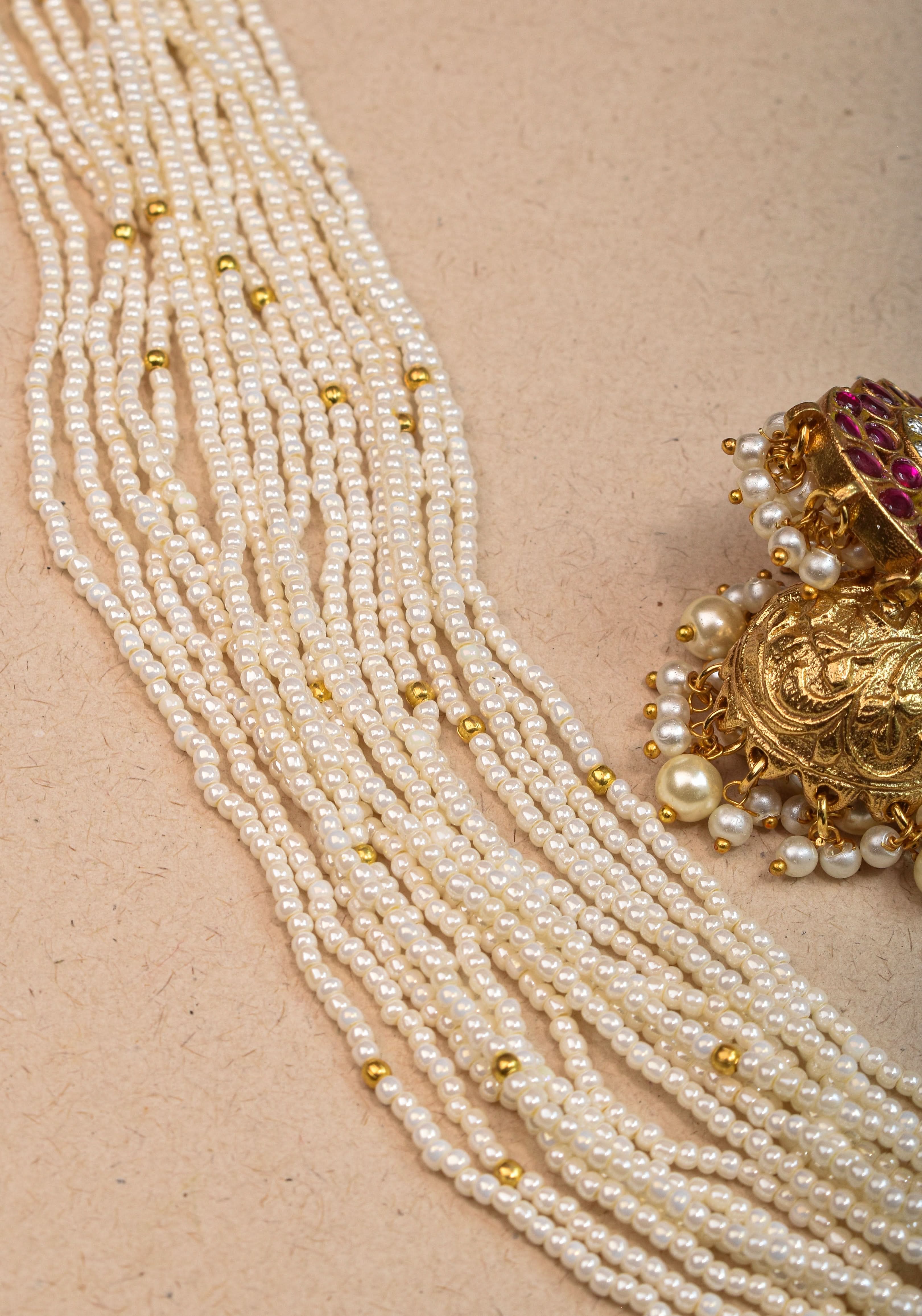 Jadau Twin Peacock Design Multistrand Choker Set with White, Green, Pink stones | Shobitam Jewelry
