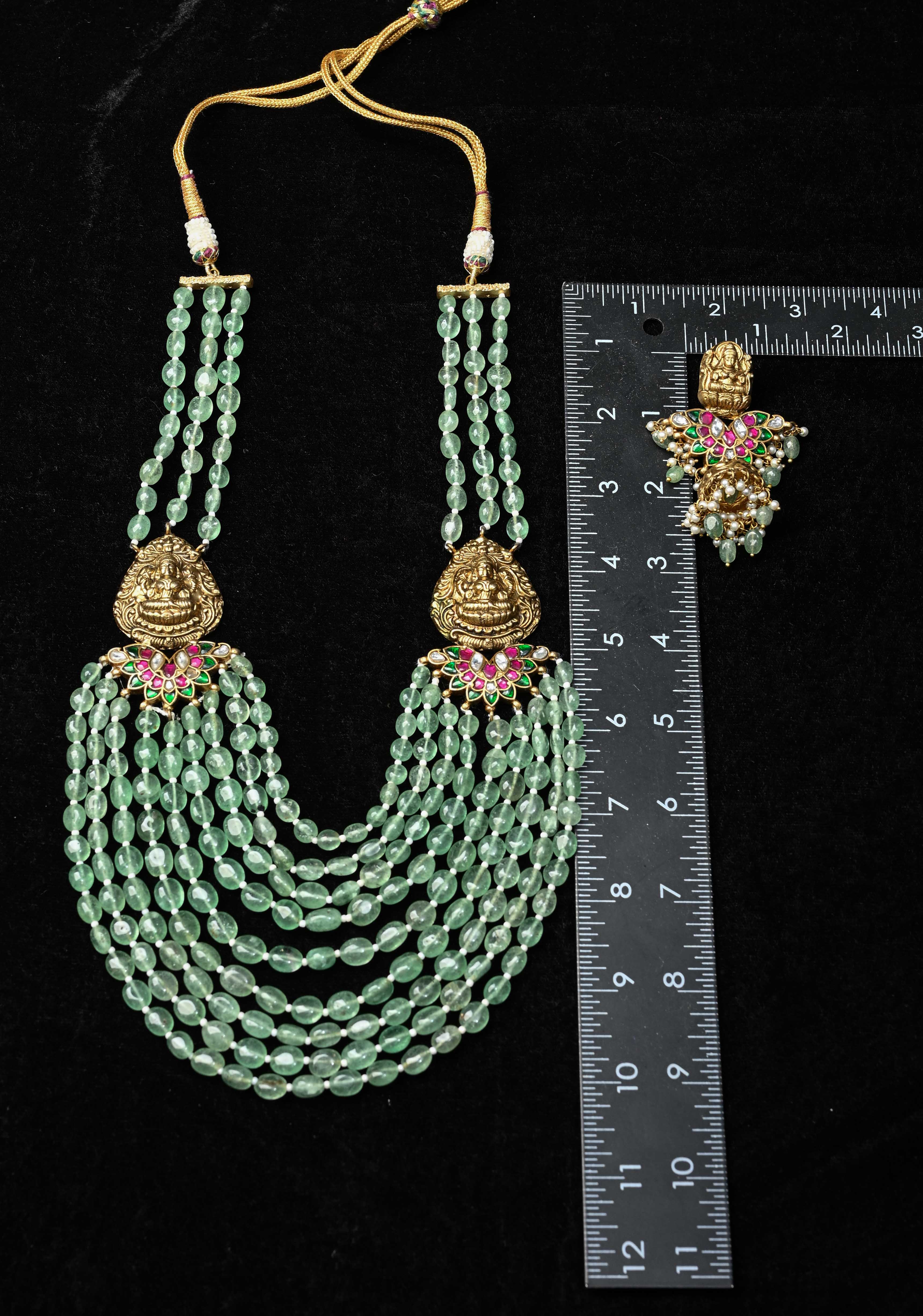 Elegant Sage Green Multistrand Beads Ahmedabadi Jadau Kundan Long Necklace Set with Lakshmi Units